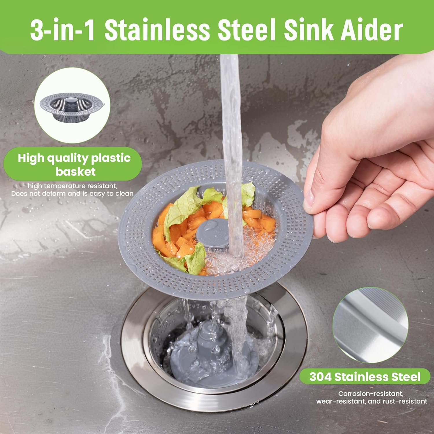 Huntonry 3 in 1 Kitchen Sink Drain Strainer and Stopper Combo, 304 Stainless Steel Pop Up Sink Drain Strainer with Handle Rod for US Standard 3-1/2 inch Drain, Anti-Clog with Big Basket