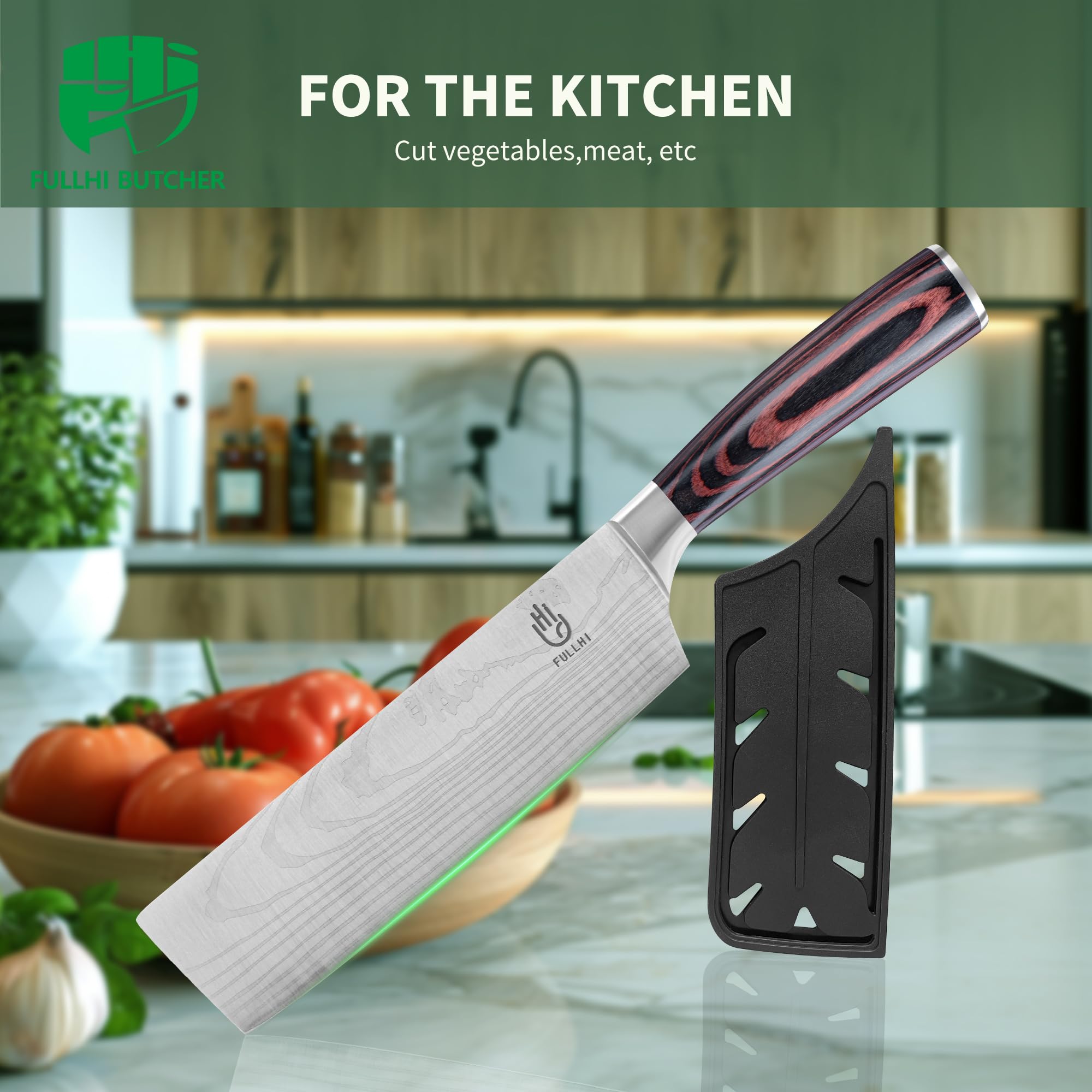 FULLHI Cuchillo Nakiri, Multi Color 7inch Cuchillo Japonés con funda, Acero Inoxidable Cuchillo Cocina Carne Verdura con Guarda (Madera Café)
