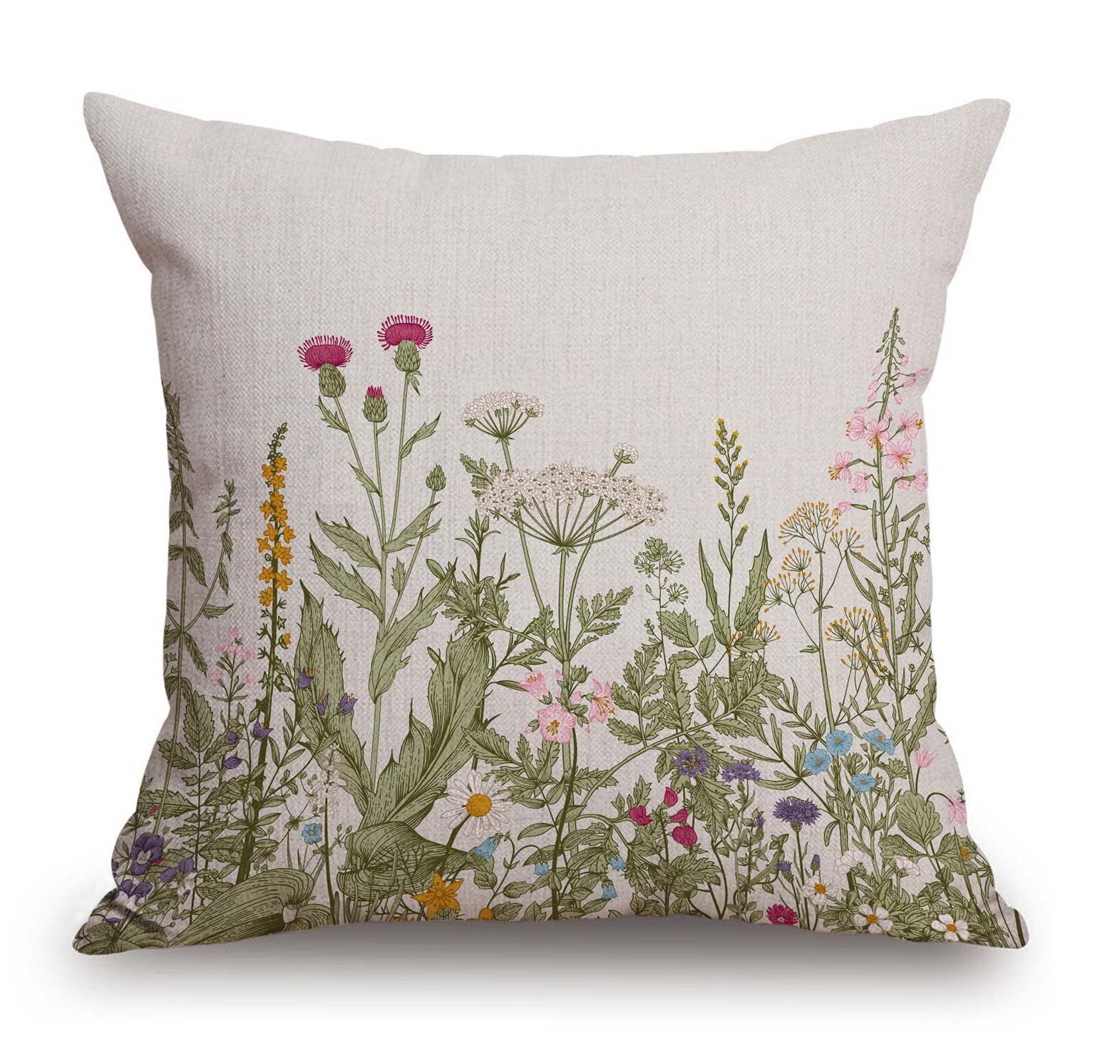 Floral Pillow Cover 18x18 Inch, Vintage Green Floral Flower Botanical Cotton Linen Cushion Cover for Home Sofa Chair Decor Farmhouse Pillow Case
