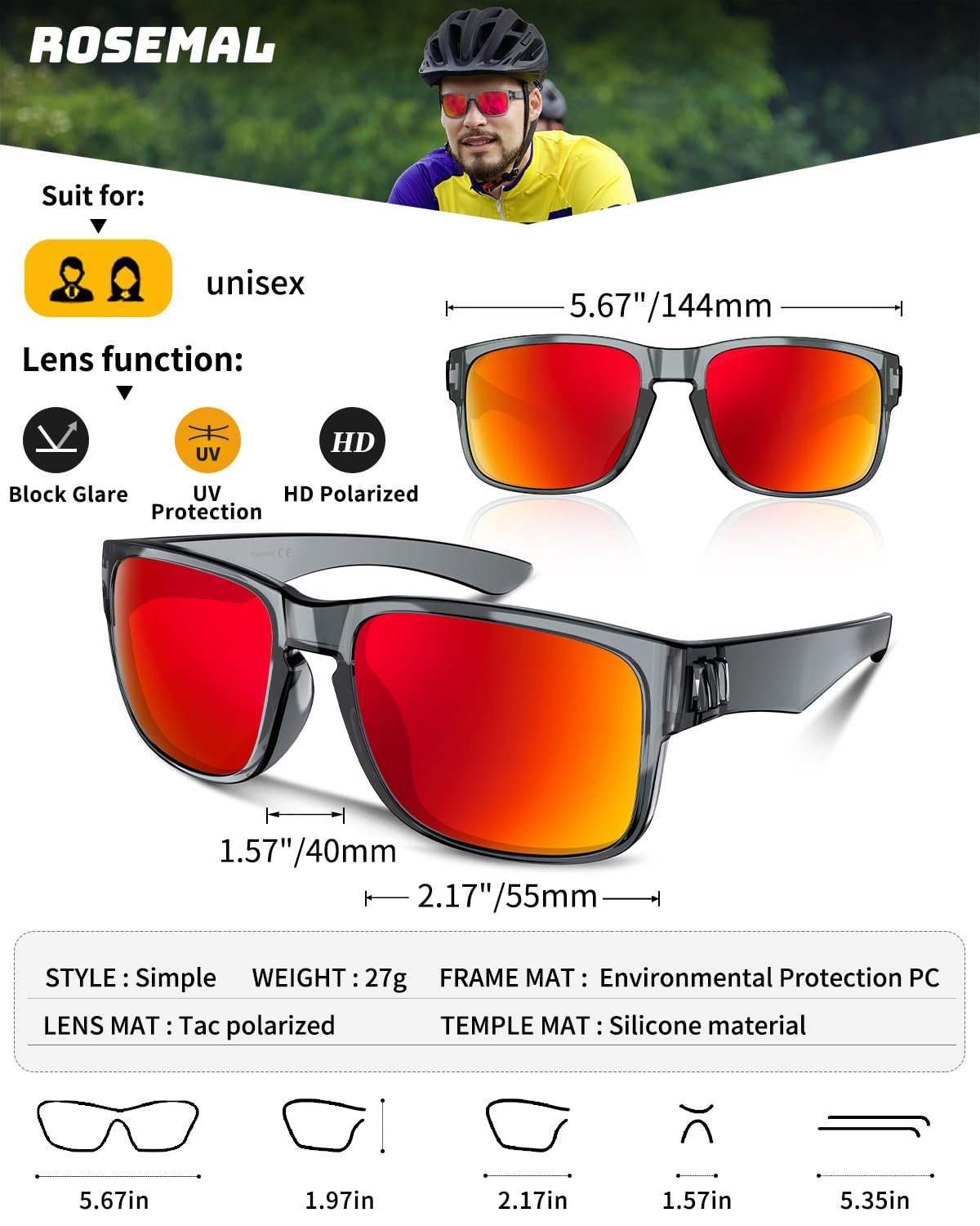 Rosemal Occhiali da sole polarizzati per donne e uomini, occhiali da sole sportivi, guida, ciclismo, corsa, pesca, escursionismo, golf, UV400 TR90