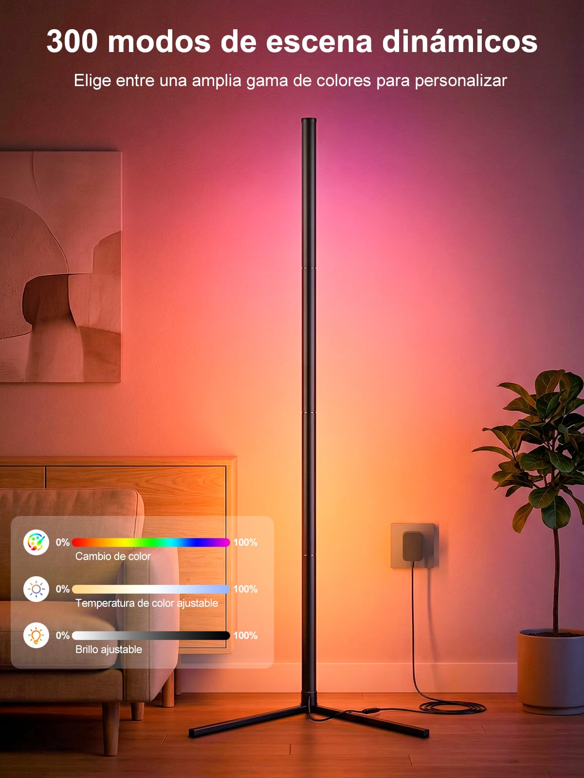riyo Lámpara de Pie LED RGBIC, 146cm, 2400LM, 168 LEDs, Regulable 2800K-6500K, Sincronización de Música, Smart APP, para Salón, Gaming y Dormitorio,Negro