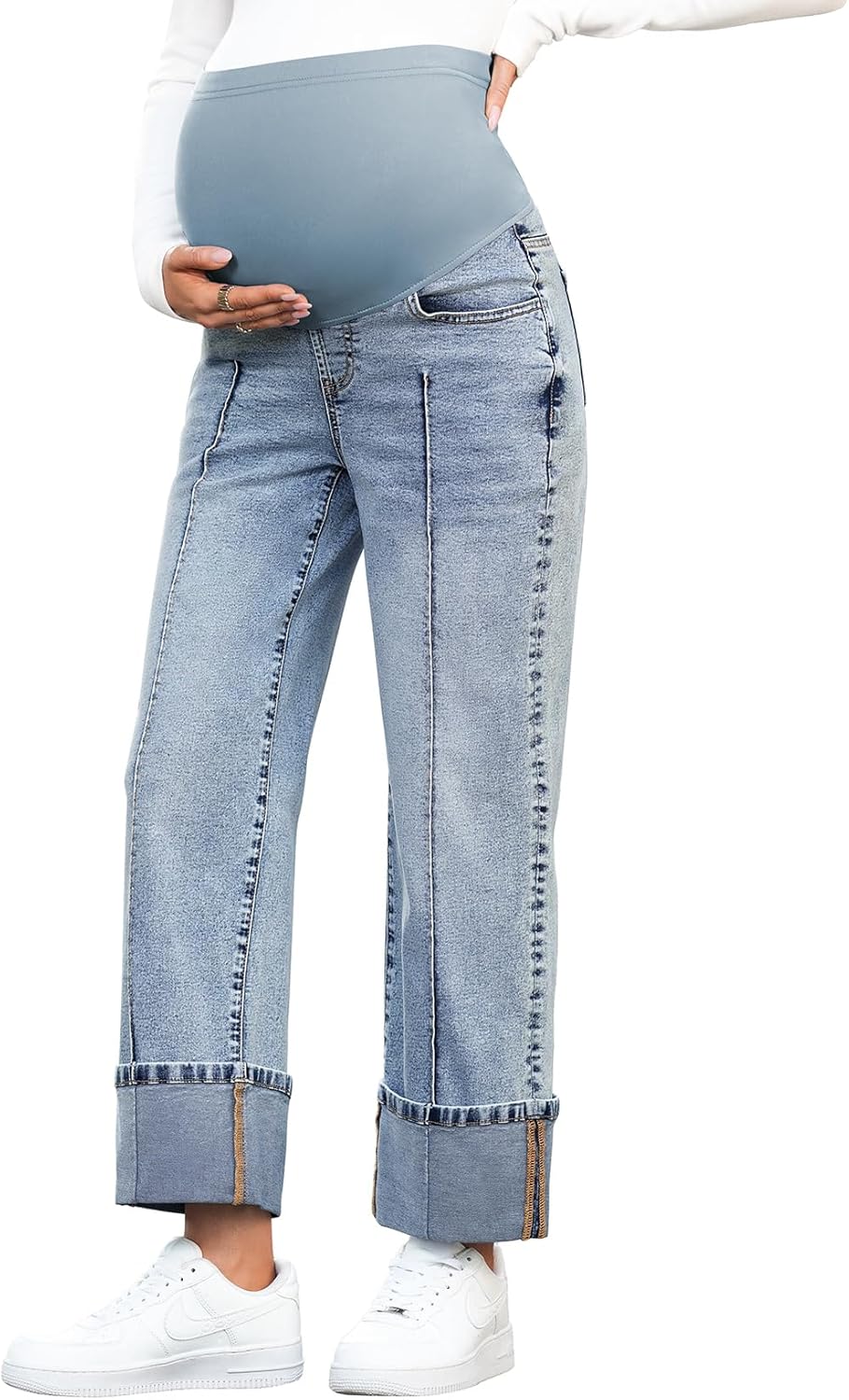 BLENCOT Maternity Jeans for Women Straight Leg Relaxed Fit Over Belly Pregnancy Denim Pants Maternity Clothes with Pockets