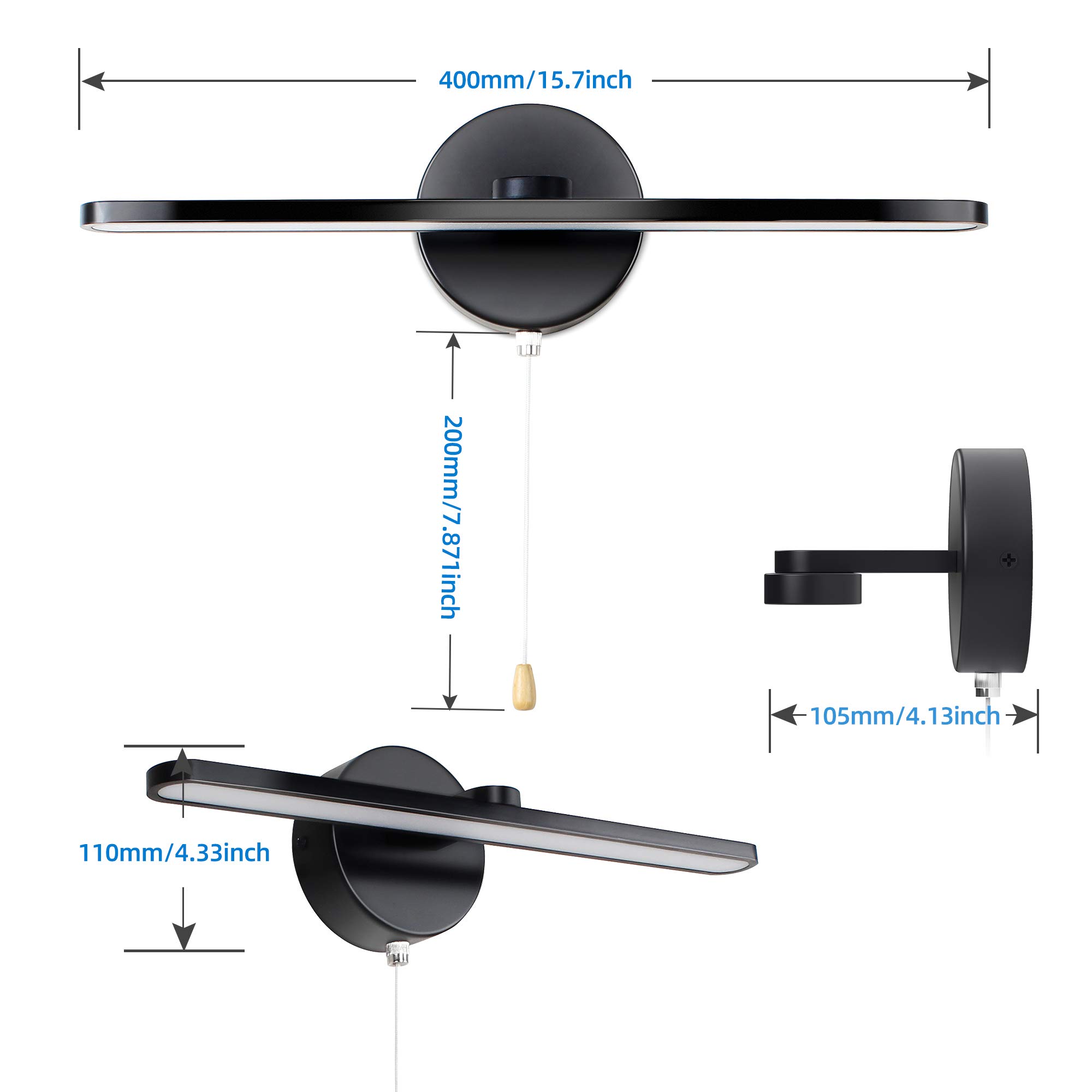 MantoLite Esposizione da Luci per,12W IP44 Lampade da Specchio con Interruttore Faretti da Muro,40CM 3000K Applique da Parete LED Interni Applique Da Parete Luci Lettura(Finitura Nero Opaca)