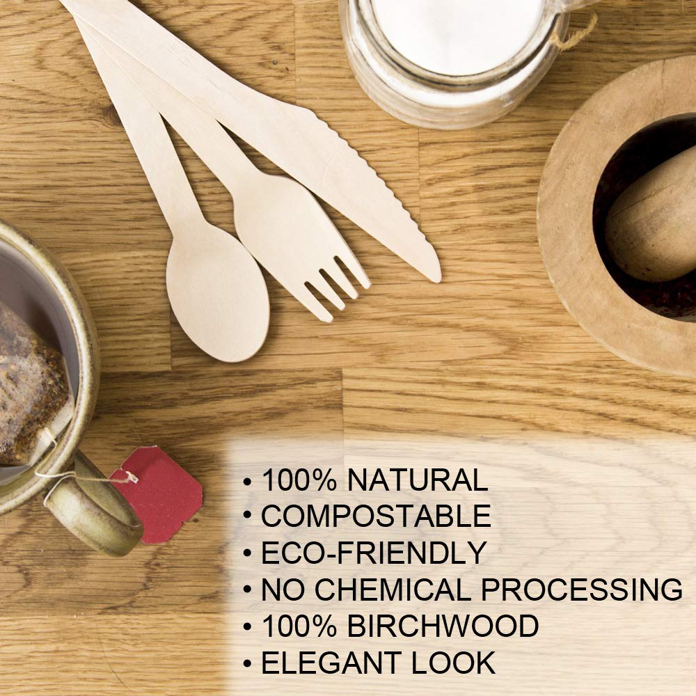 Set di 150 posate usa e getta in legno, biodegradabili, ecologiche, per barbecue, picnic, feste, 50 forchette, 50 cucchiai, 50 coltelli