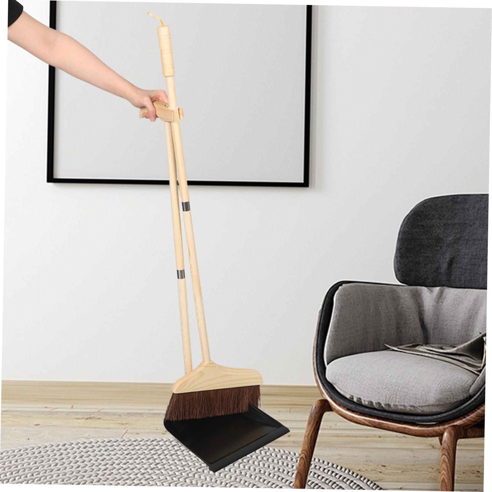 Juego de Escoba y Recogedor Mango Largo Desmontable de Madera | Cerdas Suaves, Limpieza de Pisos y Dormitorio, Atornillar y Quitar, Acabado Negro, Hierro