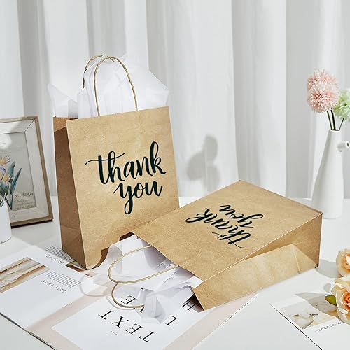 Miniatura 5 de DjinnGlory Paquete de 50 bolsas de papel kraft marrón medio con asas y 24 hojas de papel de seda para pequeñas empresas, compras, bodas, baby