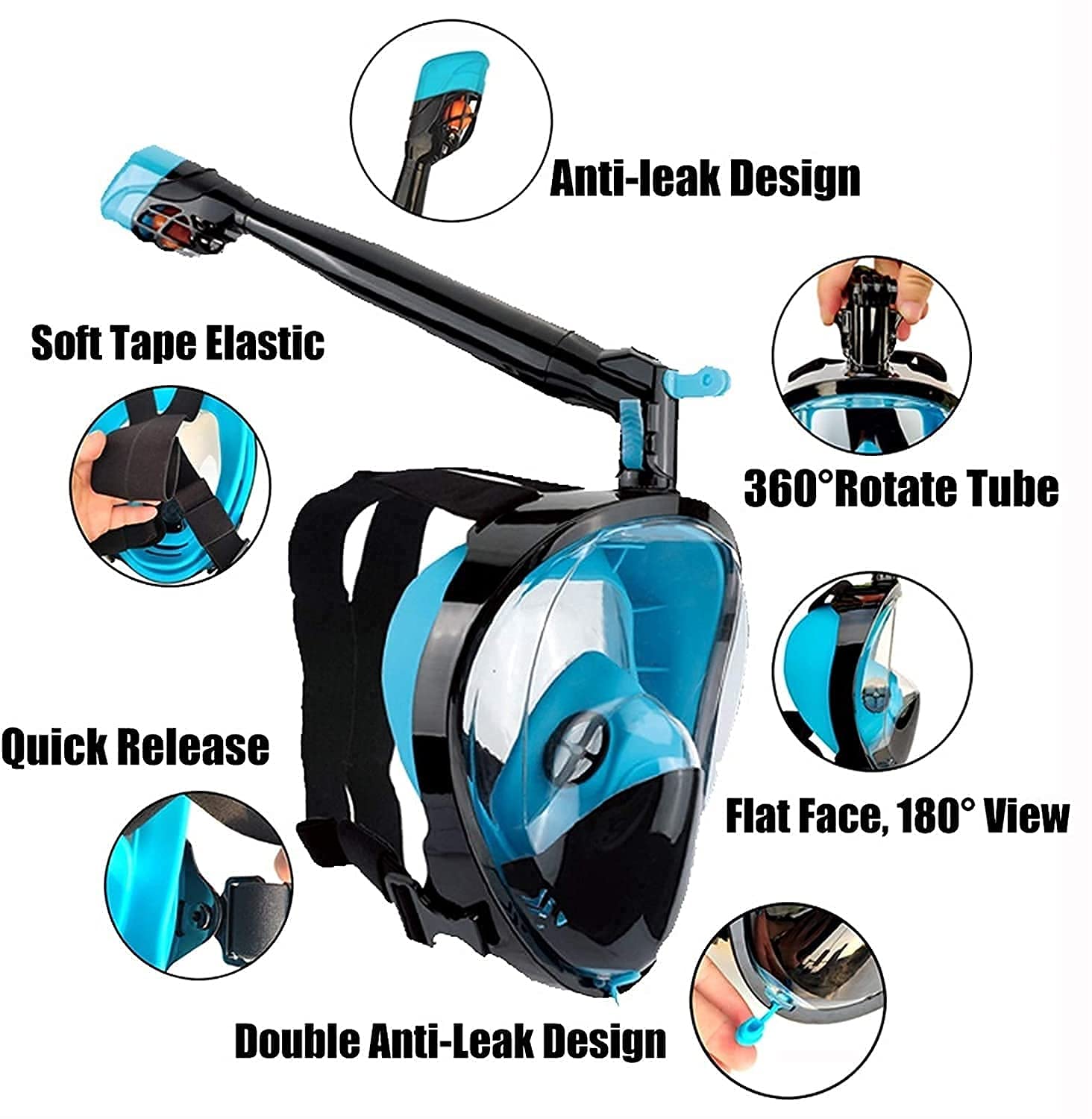 Máscara de Buceo Máscaras de Snorkel Máscaras de Buceo Subacuáticas Rotación de 360 Grados Vista de 180 Antivaho Antifugas Equipo de Snorkel Profesional de Cara Completa para Adultos (Azul 2 L)