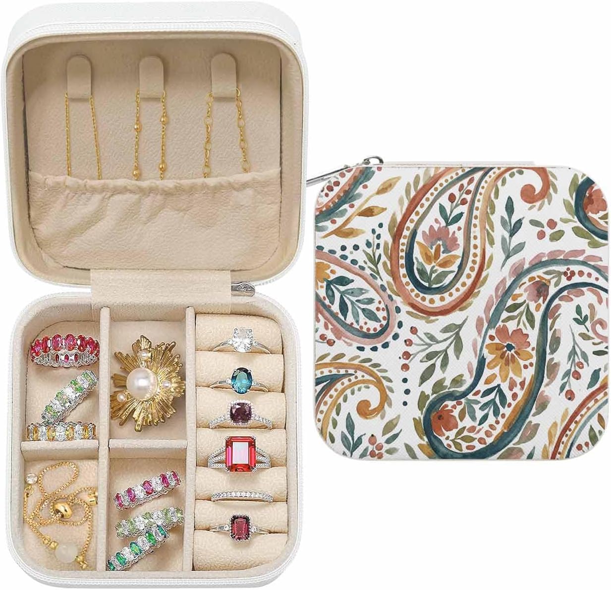 Hunrigous Paisley Flower Jewelry Organizer and Storage Box, Portable Travel Jewelry Box for Women, PU Leather Small 3.9x3.9x2 Inches Spring Watercolor Floral Leaf Plant Earring Necklace Storage Case