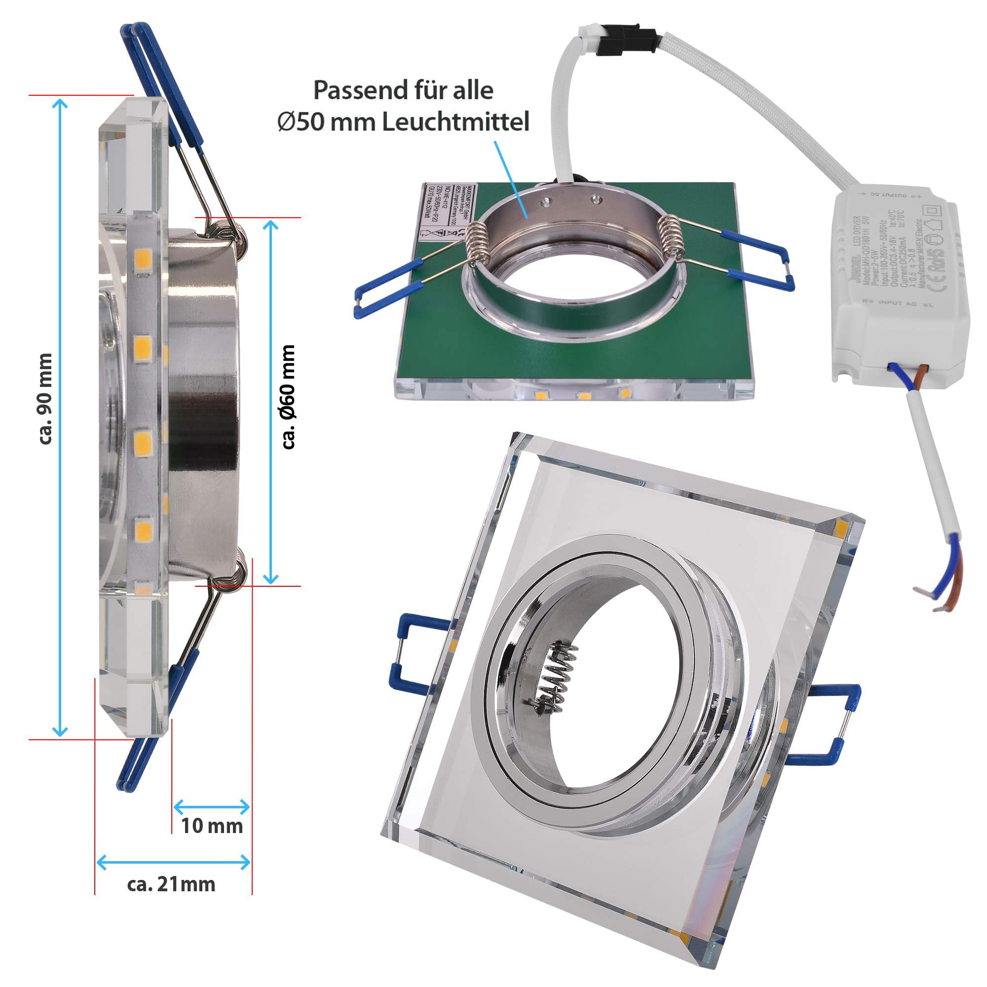 Maxkomfort 10x Glas Einbaustrahler mit LED Ring + GU10 Fassung ECKIG Einbauspot Einbauleuchte Rahmen Rostfrei Deckenspot Strahler Spot 4112