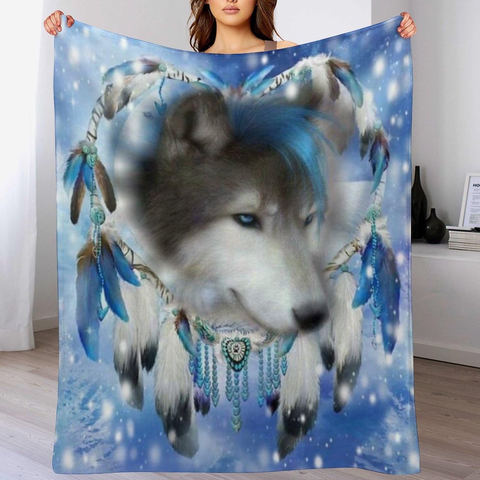 Couverture en flannel Dreamcatcher Wolf 140x180 cm pour canapé