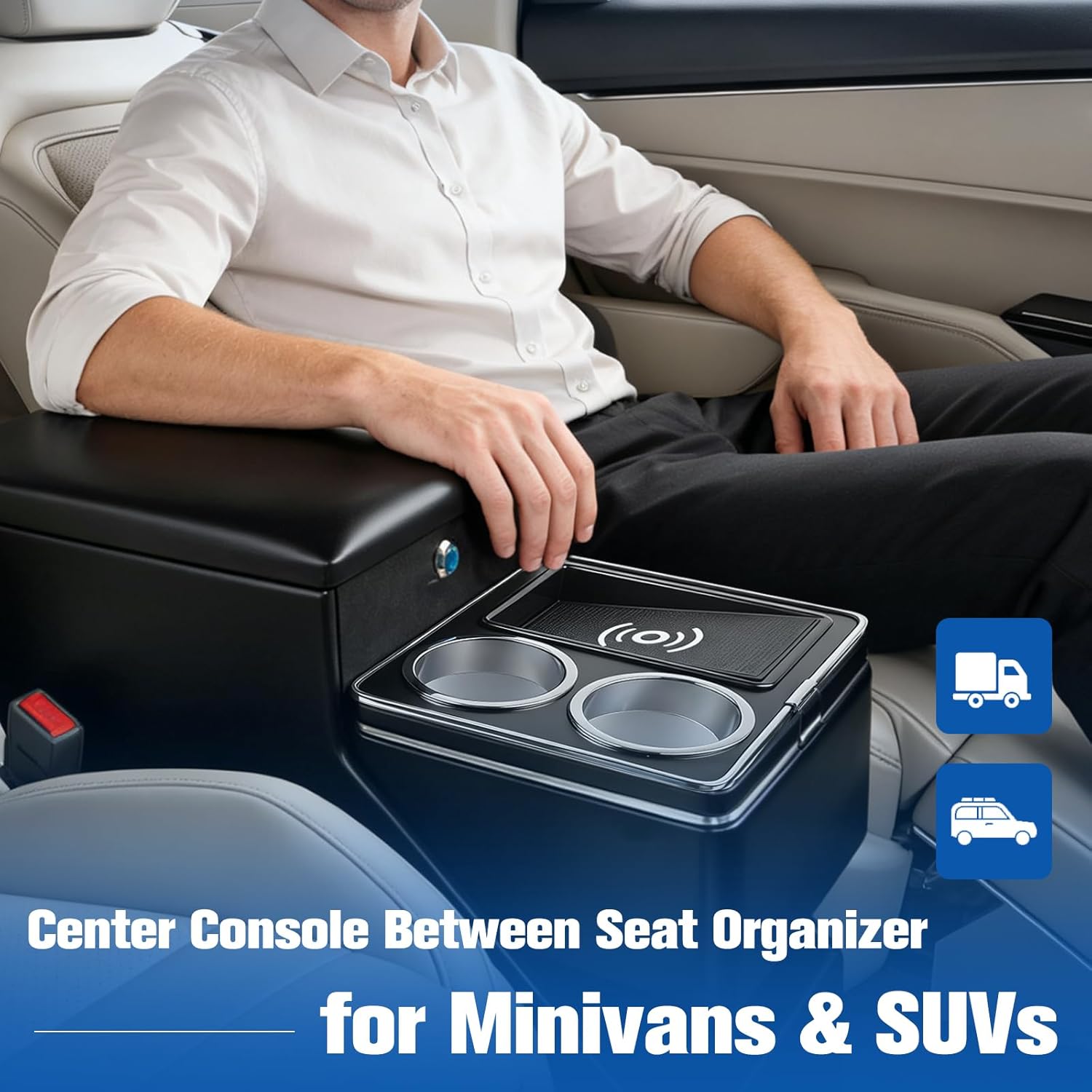 center console organizer for minivans, suvs & middle van seats - floor-mounted lockable storage box with dual cup holders, 7-color ambient light & wireless charging, ideal for vehicle interior wireless charging & 7 color lighting
