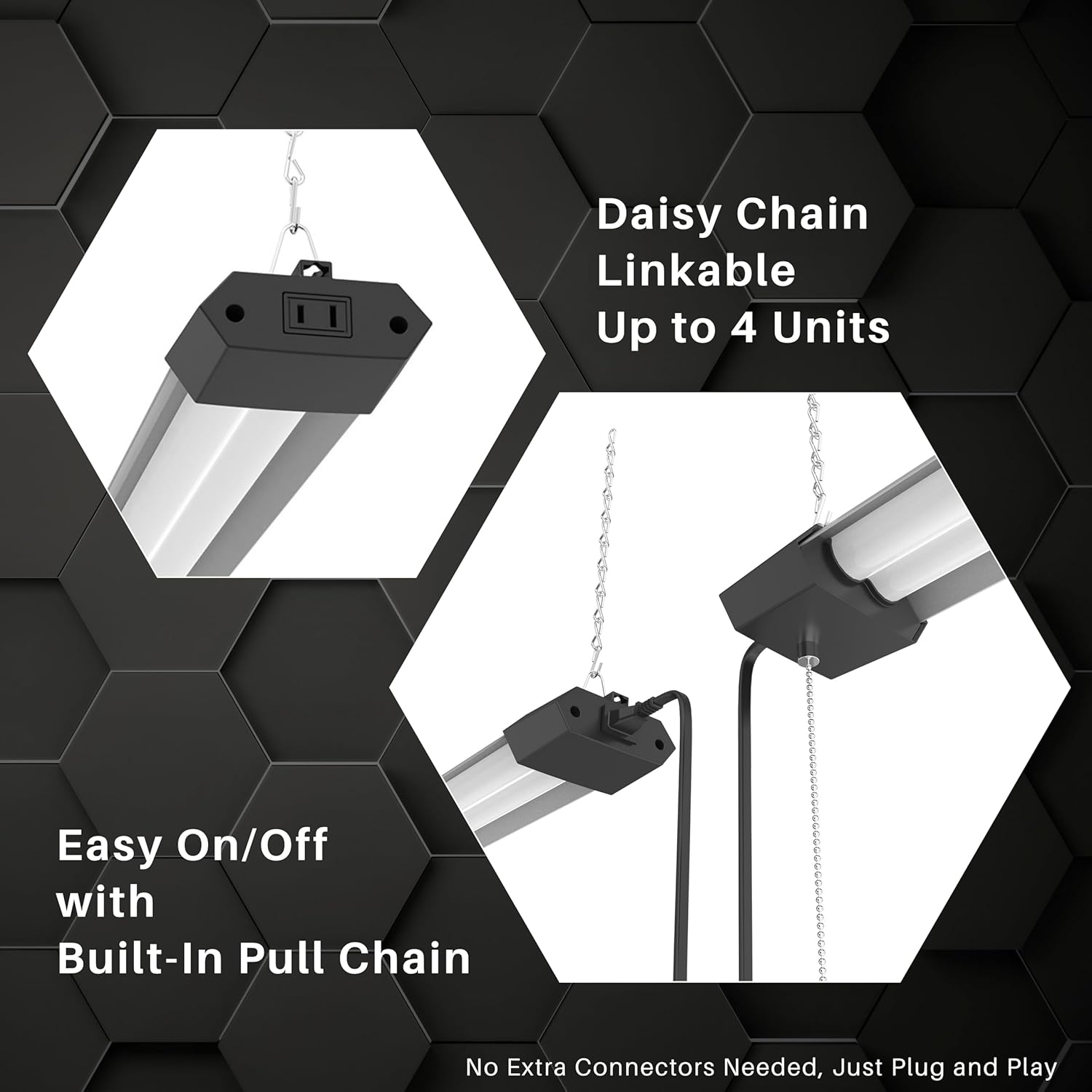 Quarterback 4FT 50W LED Shop Light Linkable with Hexagon Shade Reflector Cover Daylight White 5000K Pull Chain Plug in Workshop Fixture for Garage Basement