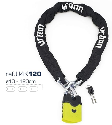 URBAN U4K120 Antifurto Moto, Lucchetto Bici, Catena Alta Sicurezza Acciaio Cementato Antitaglio ø10mm, Doppio Bloccaggio, Fodera Tessile, Catenaccio per Ancoraggio Scooter Bicicletta Elettrica, 120cm - 3