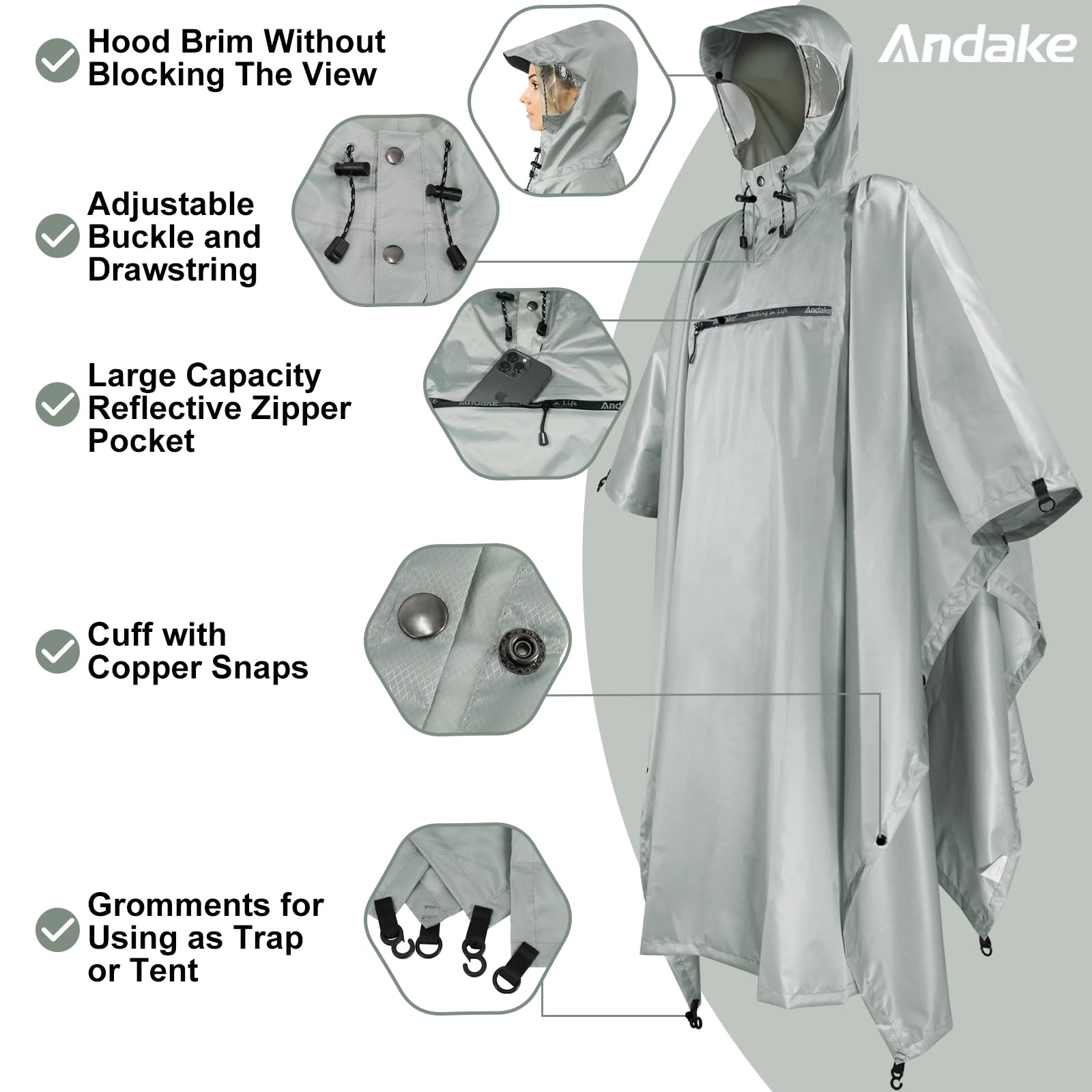 Andake Poncho Uomo Donna Impermeabile Unisex Giacca da Pioggia Antivento Resistente alle Rughe Impermeabile riutilizzabile per Campeggio Escursionismo Outdoor e Uso Quotidiano