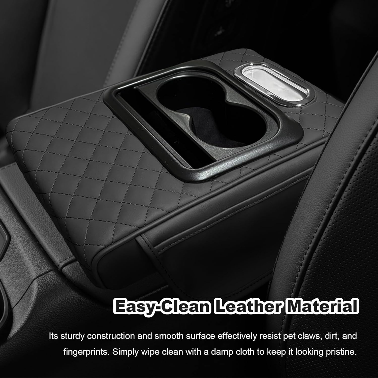 Car Center Console Armrest Pillow, Multifunctional Armrest Box Cover with Cup Phone Tissue Holder & Side Pockets, Waterproof Leather Middle Console Cushion for Most Vehicles (Black, Embroidered)
