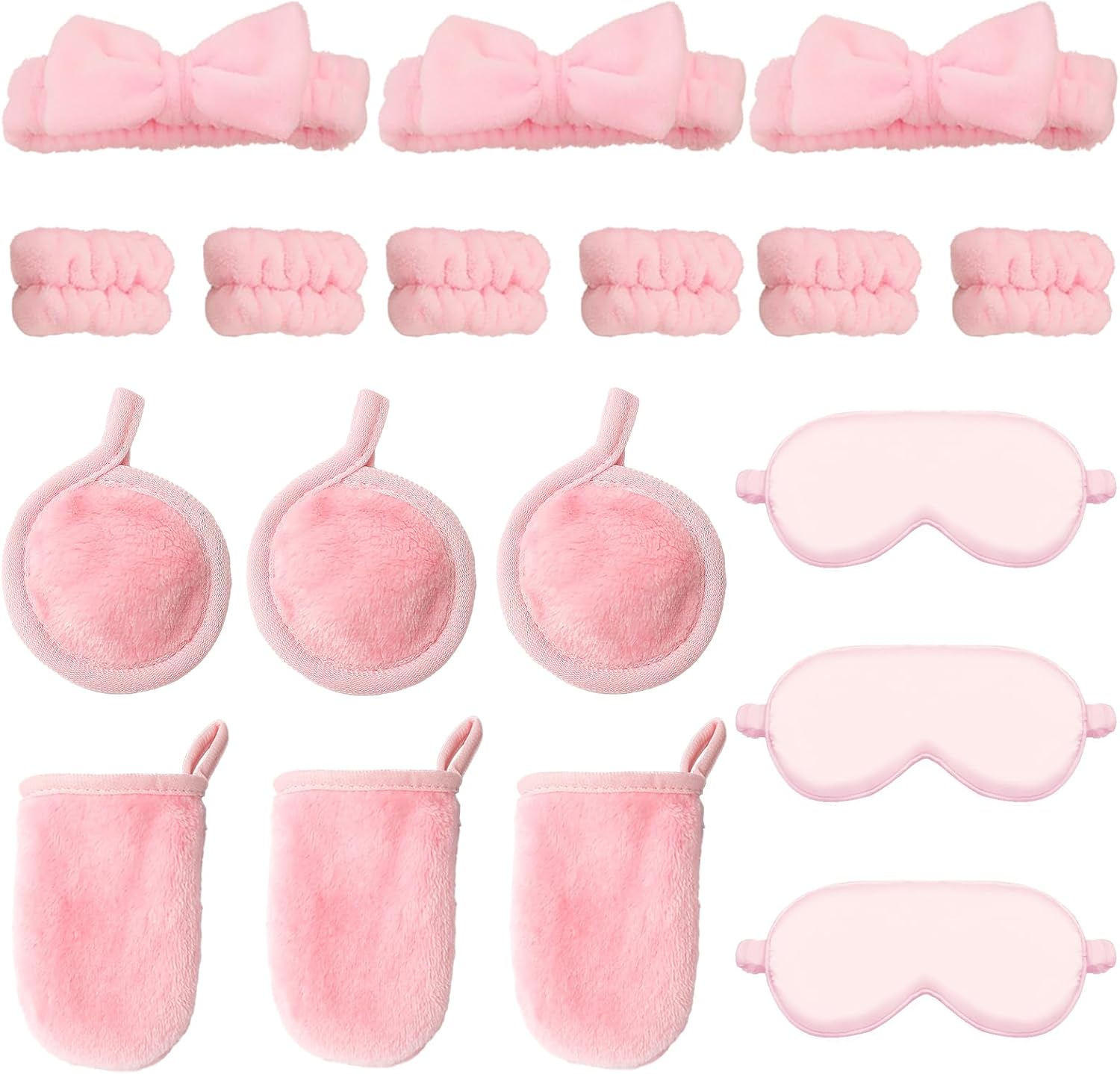 18 stks Spa Party Gunsten, Spa Hoofdband Pols Wasband Set, Herbruikbare Make-up Remover Handschoen en Pads Set, Gesimuleerd Zijden Oogmasker, Roze Slumber Party Supplies Verjaardag Gunst
