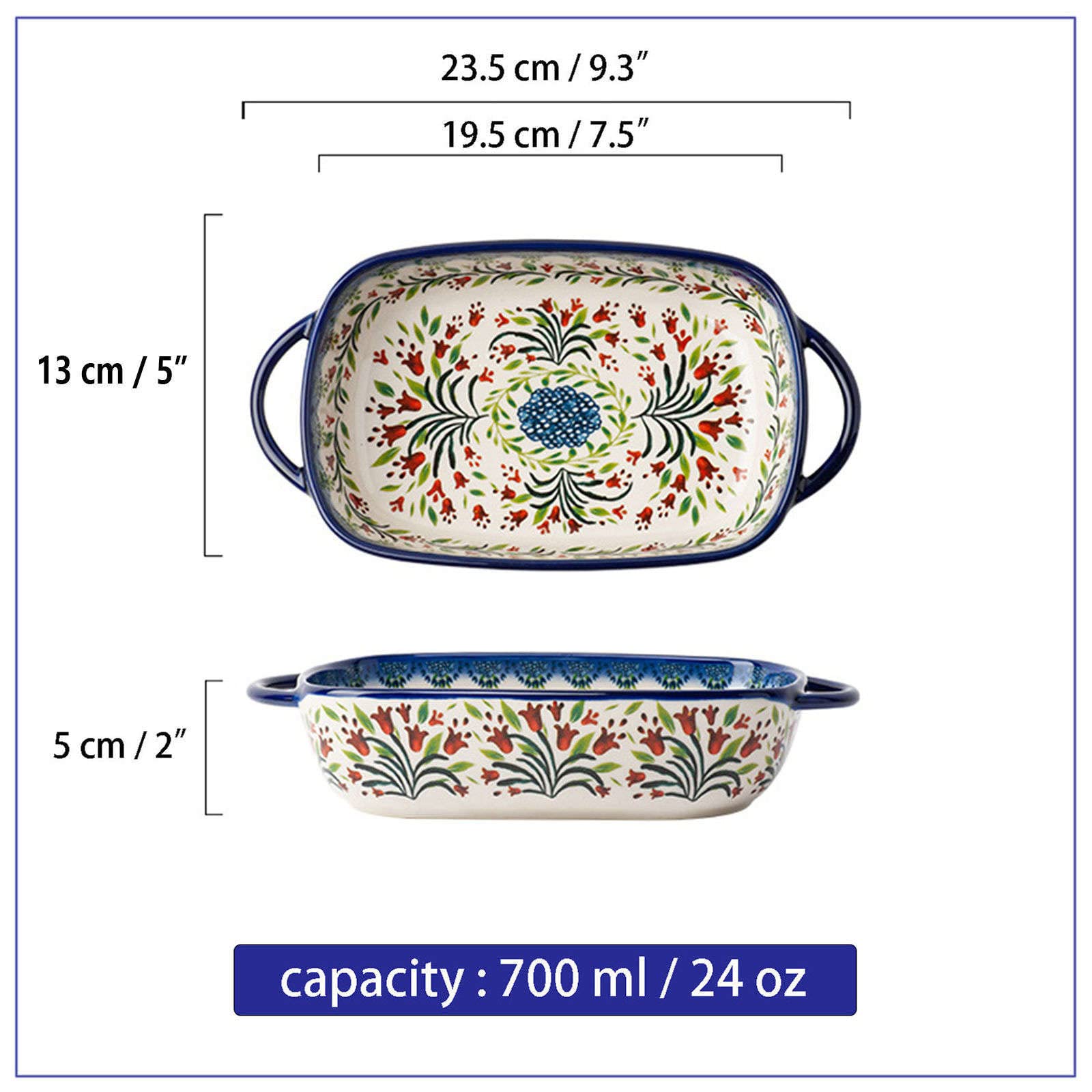 Ceramiczne naczynie do pieczenia do piekarnika, małe naczynie do zapiekania z uchwytami, piekarnik ceramiczny do pieczenia - tulipan-prostokąt 700 ml