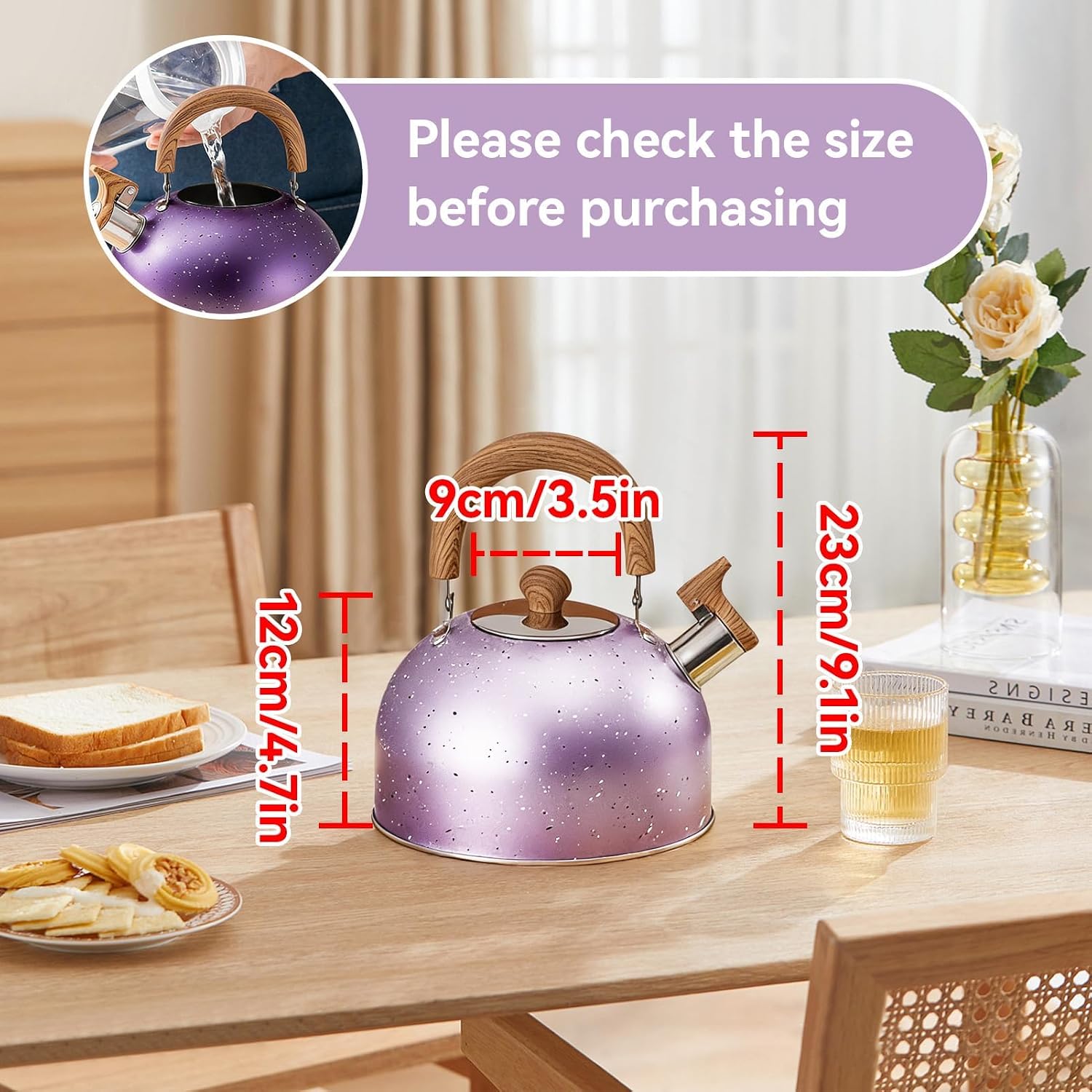 Stovetop Whistling Tea Kettle, 2L/67.63oz Tea Pot for Stove, Stainless Steel Water Teapot Flat Bottomed Small Hot Water Boiler with Wood Handle for Gas Induction Cooker Boil Water (Purple)