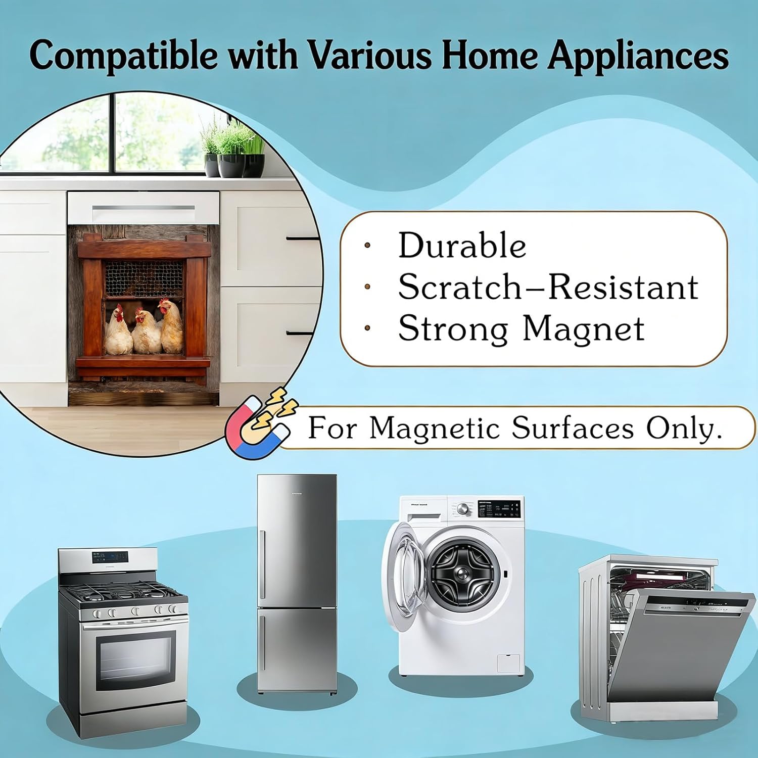 Rooster Magnetic Dishwasher Cover, 23 x 25.6 in, Removable Dishwasher Door Cover, Wipe Clean Kitchen Decor