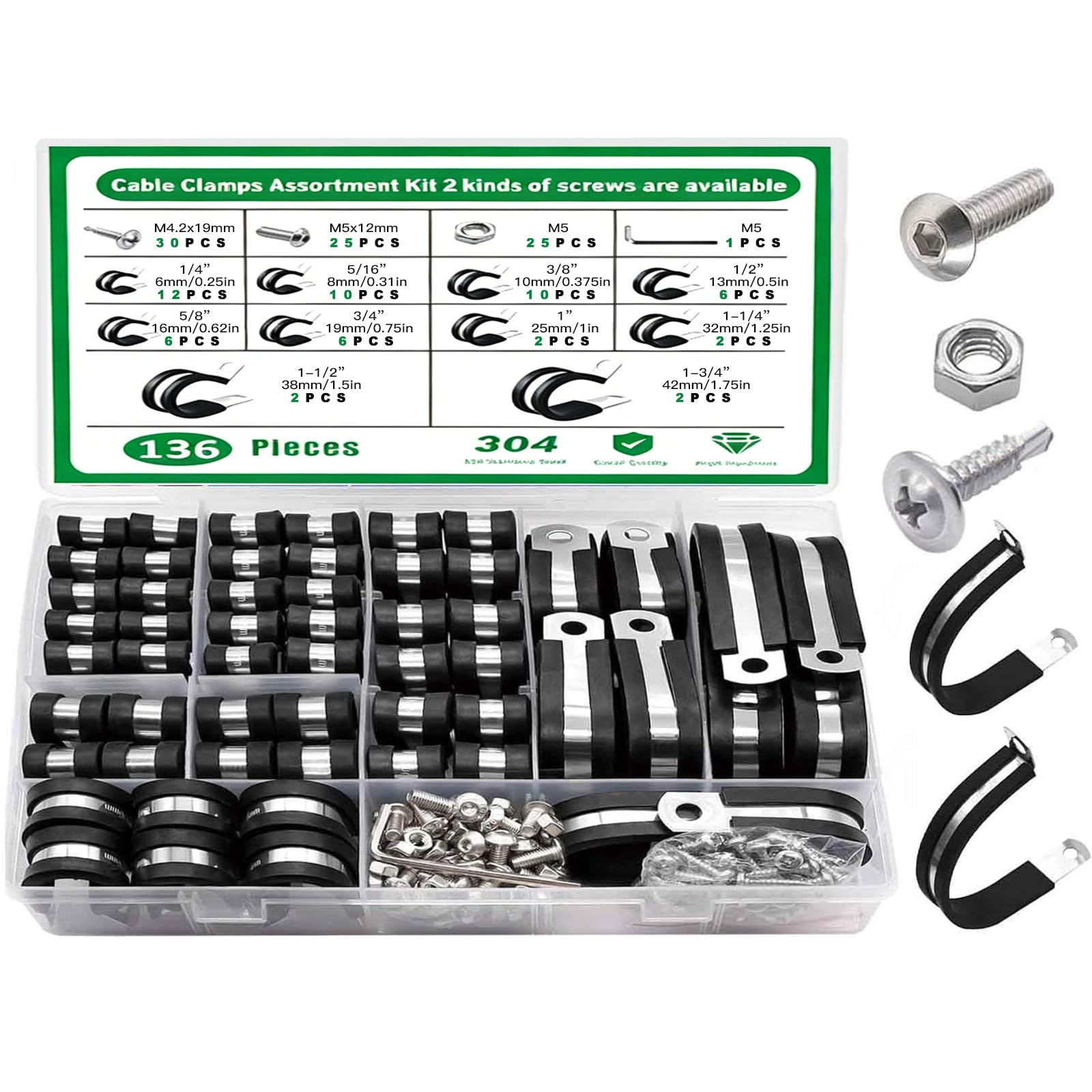 Lot de 136 colliers de serrage en acier inoxydable 304 avec insert en caoutchouc, colliers de serrage vissables, colliers de serrage pour tuyau 6/8/10/13/16/19/25/32/38/45 mm