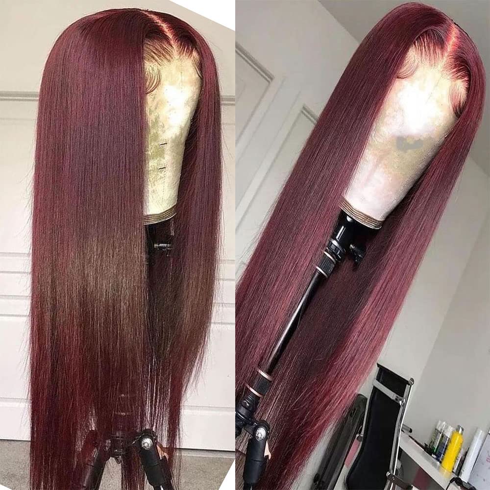 99J Burgundy Straight Lace Front Wigs Human Hair 13x4 Red Colored Wigs for Black Women Brazilian Remy Hair Pre Plucked with Bleached Knots (18Inches 150Density)