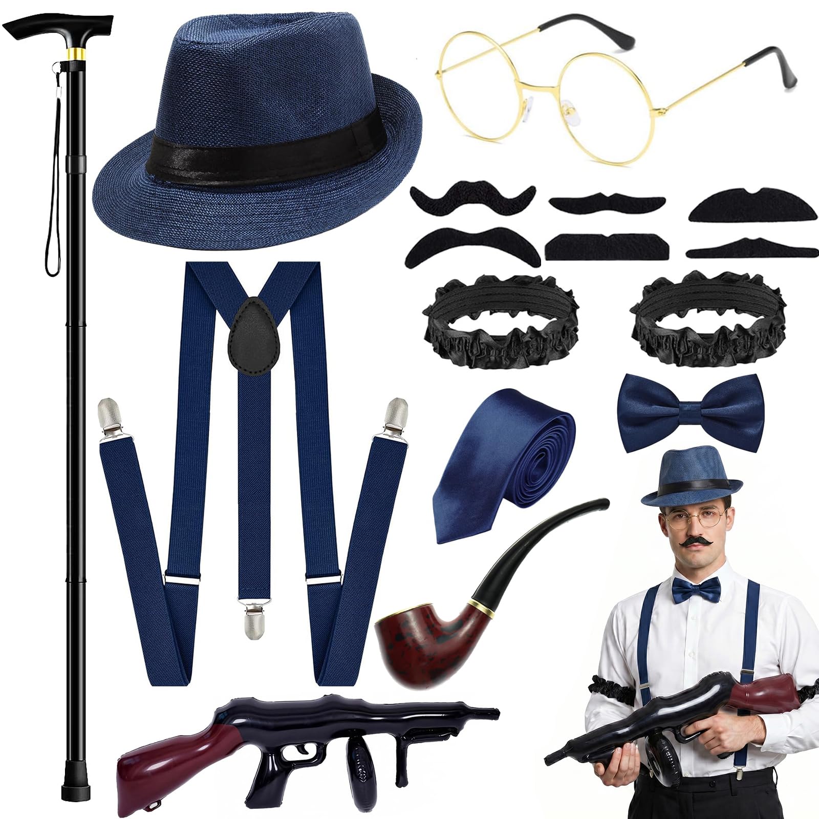 iSharely 1920s Accessories for Men, Great Gatsby Fancy Dress Set with Fedora Hat Suspenders Bow Tie Fake Beards Glasses Inflatable Gun Folding Cane for Roaring 20s Gangster Costume for Party (Blue)