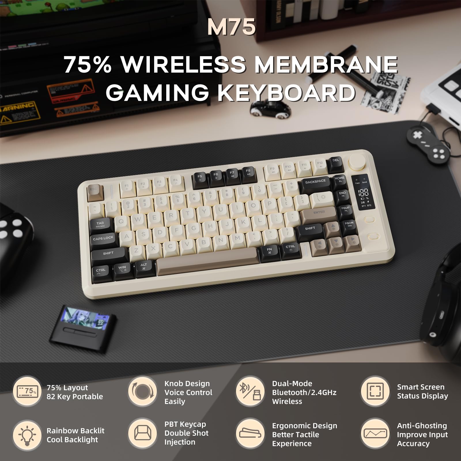 ZIYOU LANG M75 82-Klawiszowa Bezprzewodowa Klawiatura Membranowa,Inteligentny Wyświetlacz i Pokrętło,Tryb Podwójny BT/2,4 GHz,Nakładki na Klawisze PBT,Podświetlenie Tęczowe (Serowy)