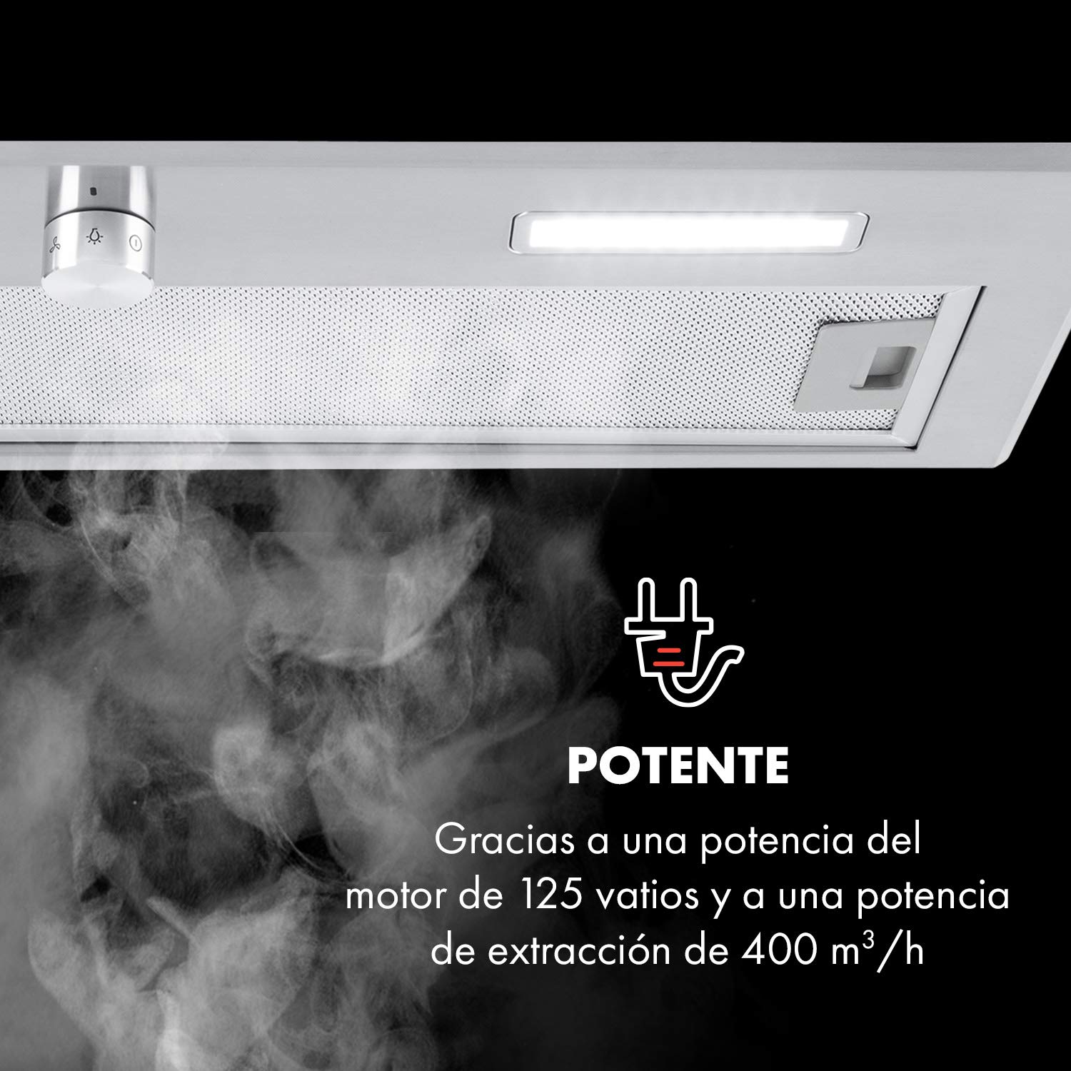 Klarstein Simplica 70 campana extractora - 70 cm de ancho, extracción de 400 m³/h, función de ventilación, botón giratorio, 3 niveles, iluminación LED de 1,5 W, acero inoxidable