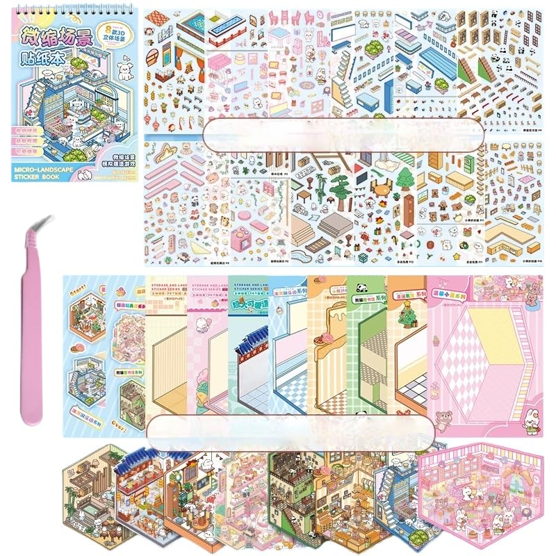 8 Sets 3D Sticker Scene,DIY 3D House Sticker Therapy Set for Adults,Rich Collection of 3D Space Stickers and Storage Spiral Notebook,Room Stickeer Book for Adults Kids