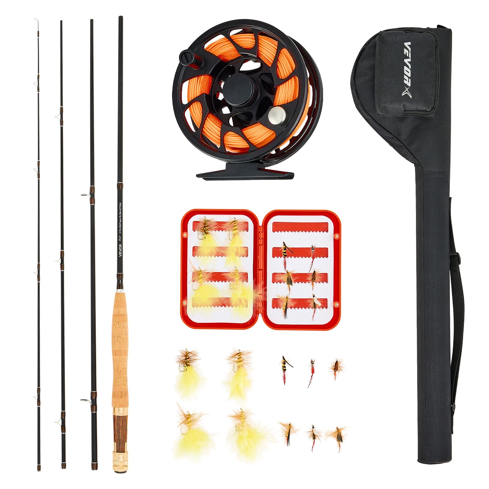 VEVOR Set de Pesca con Mosca, Caña y Carrete de Carbono IM7, con Bolsa para Caña, Caja de Aparejos, 6 Anzuelos de Cola Corta y 4 de Cola Larga, Ideal para Viajes y Vacaciones, 2750 x 115 x 50 mm