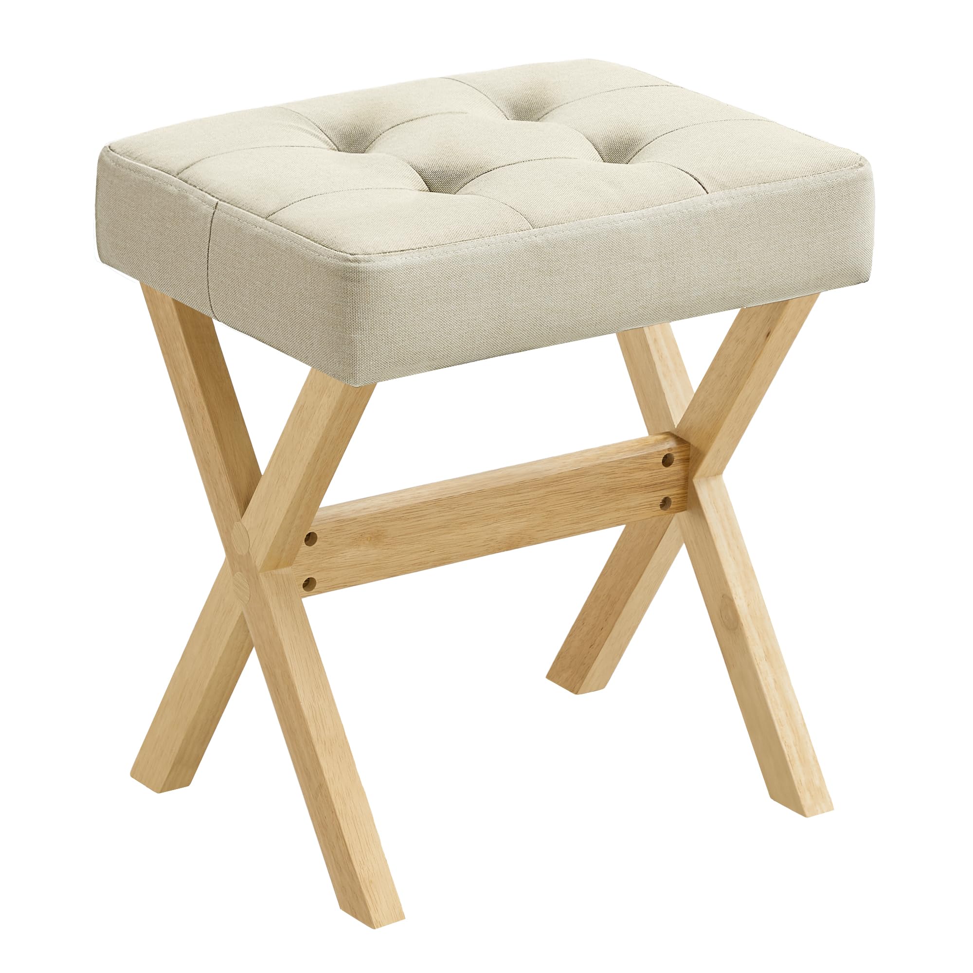 SONGMICS Taburete de Tocador, Taburete de Maquillaje Acolchado, Reposapiés, Patas de Madera, para Dormitorio, Vestidor y Recibidor, 32 x 42 x 46 cm, Beige Arena y Natural LSF006LF02