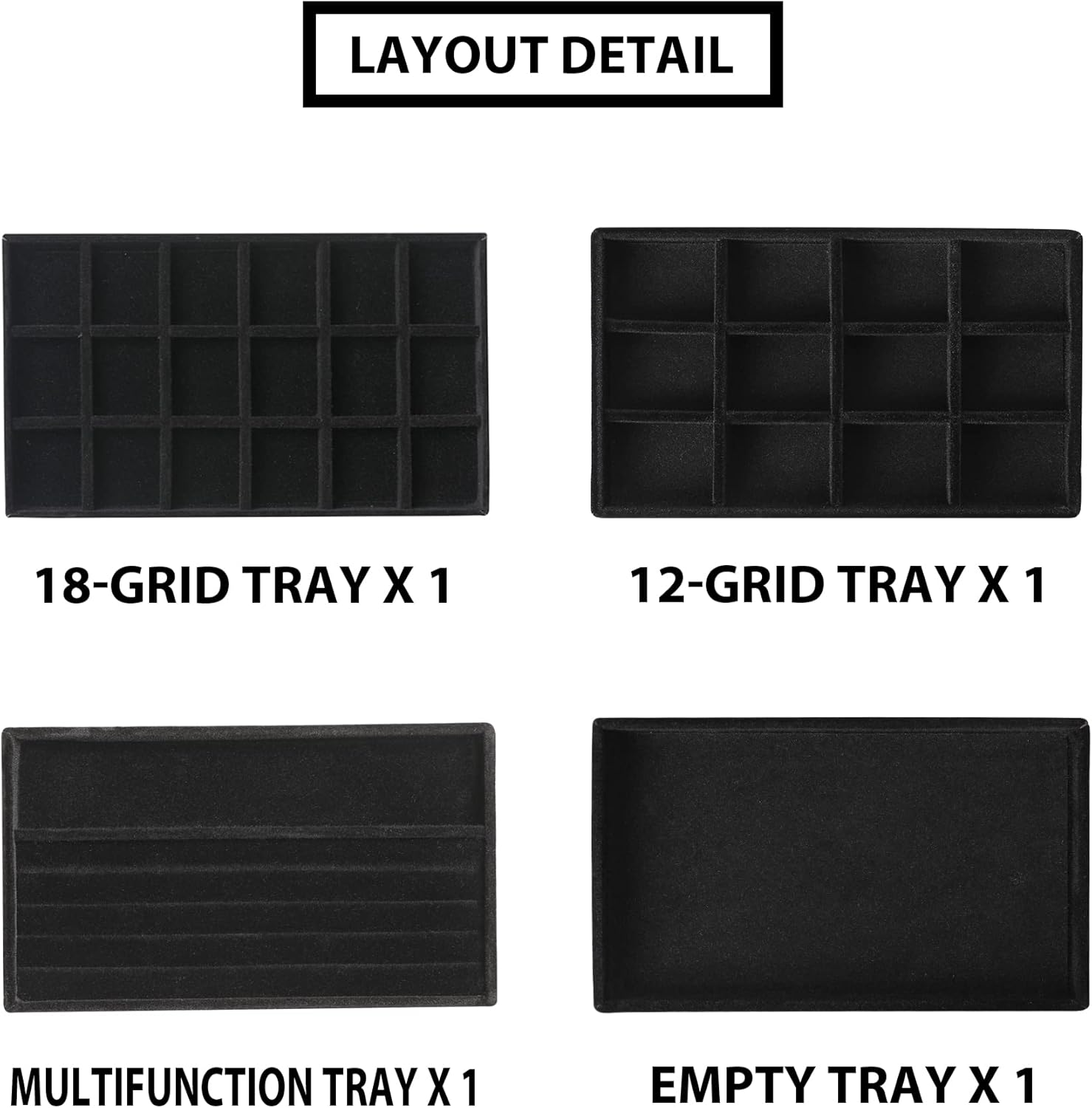 Frebeauty Jewelry Organizer Tray,Stackable Velvet Jewelry Trays,Drawer Inserts Earring Organizer For Women Jewelry Storage Display Case for Rings Stud Necklaces,Set of 4(Black) - Image 4