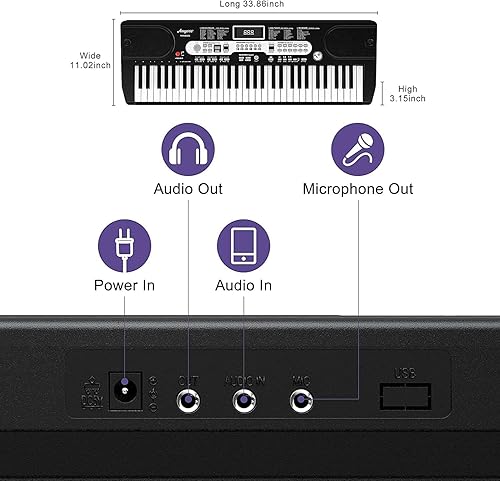 Miniatura 4 de Piano de teclado, juegos de teclado de piano eléctrico de 61 teclas para principiantes y niños, con micrófono, auriculares, soporte, taburete y