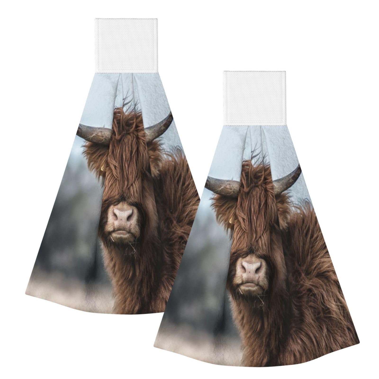 DOPKLNA Highland Cow Scottish Wildlife, 2 Pcs Hanging Coral Fiber Hand Towels for Bathroom, Absorbent Kitchen Towels