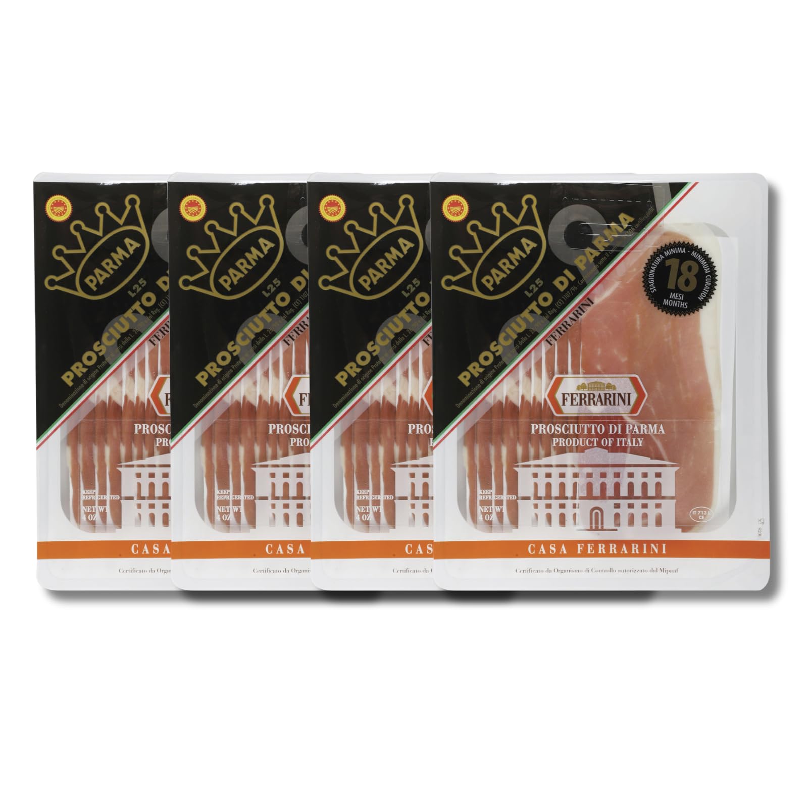 Ferrari Prosciutto di Parma DOP - Authentic Italian Cured Ham, Sliced 1 lb (4 x 4 oz Packs)