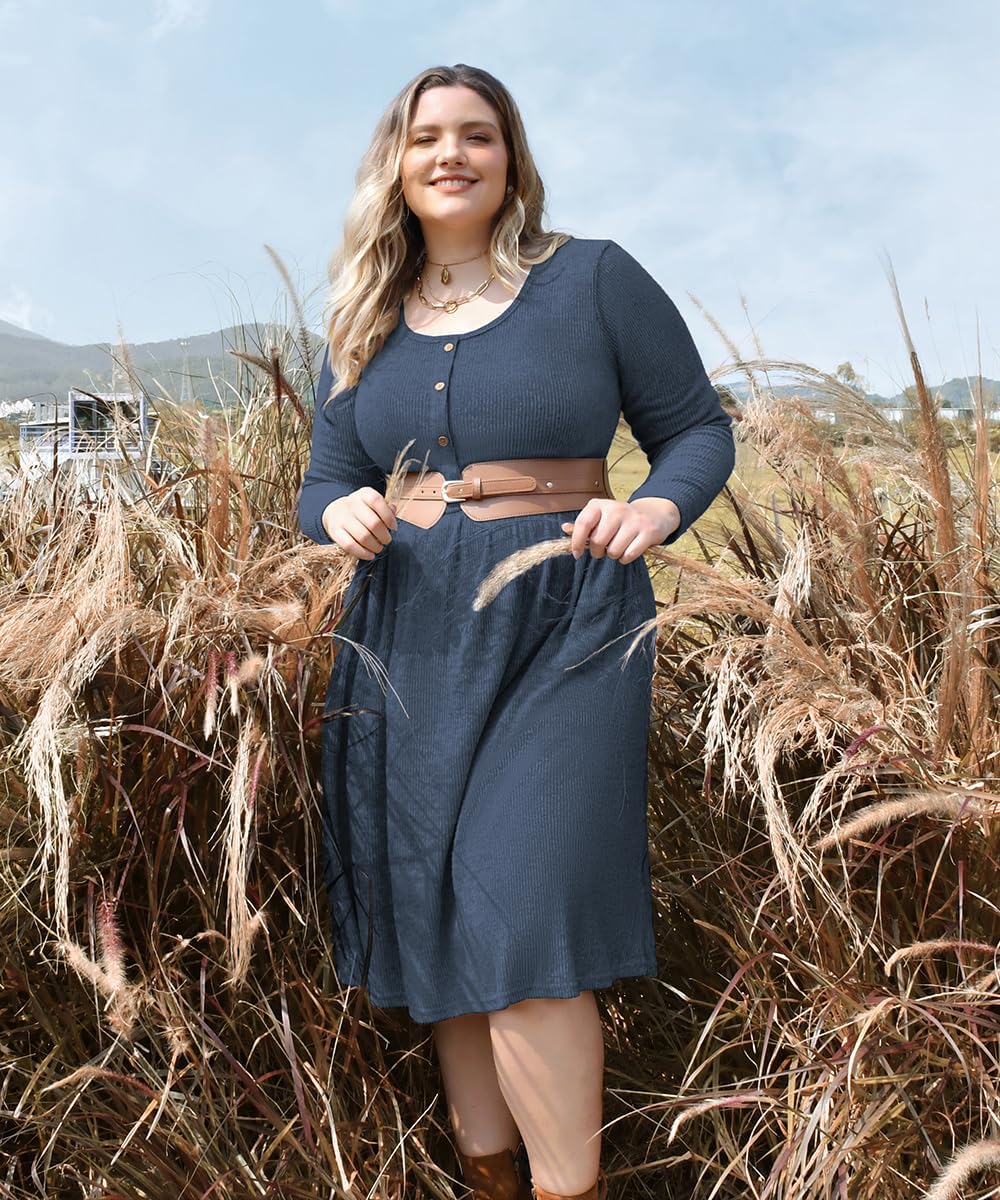 CARCOS Plus Size Sweater Dress Long Sleeve Henley Crew Neck Pullover Casual Fall Winter Knit Midi Dresses with Pocket XL-5XL - Image 2