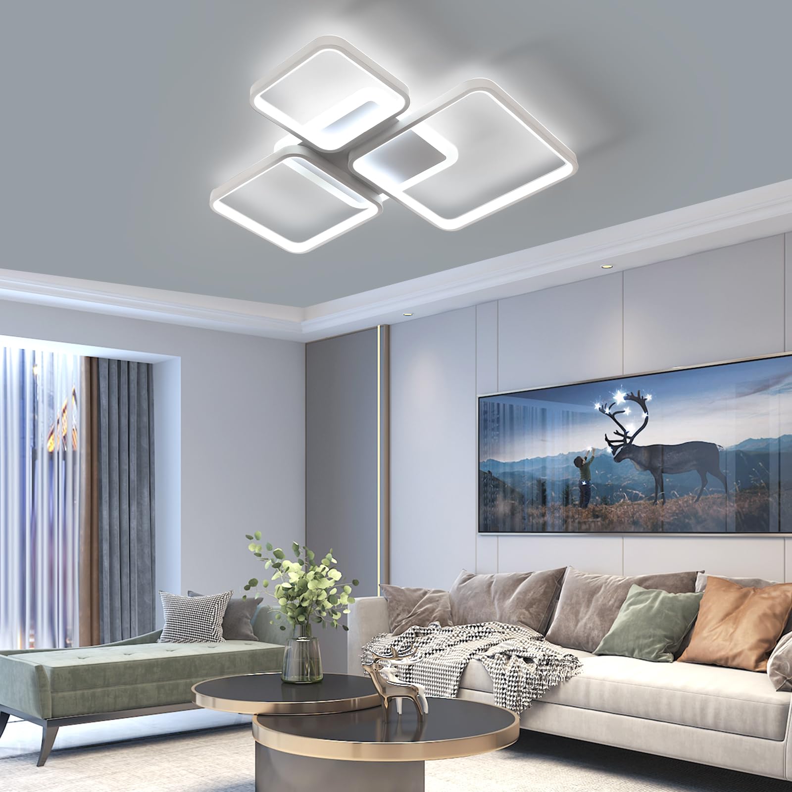 Plafoniera LED Soffitto Dimmerabile, 45W Lampadario LED Soffitto con Telecomando Funzione di Memoria 3000K-6500K 57cm, Moderna Plafoniera Quadrata per Camera da Letto Corridoio Cucina, Bianco