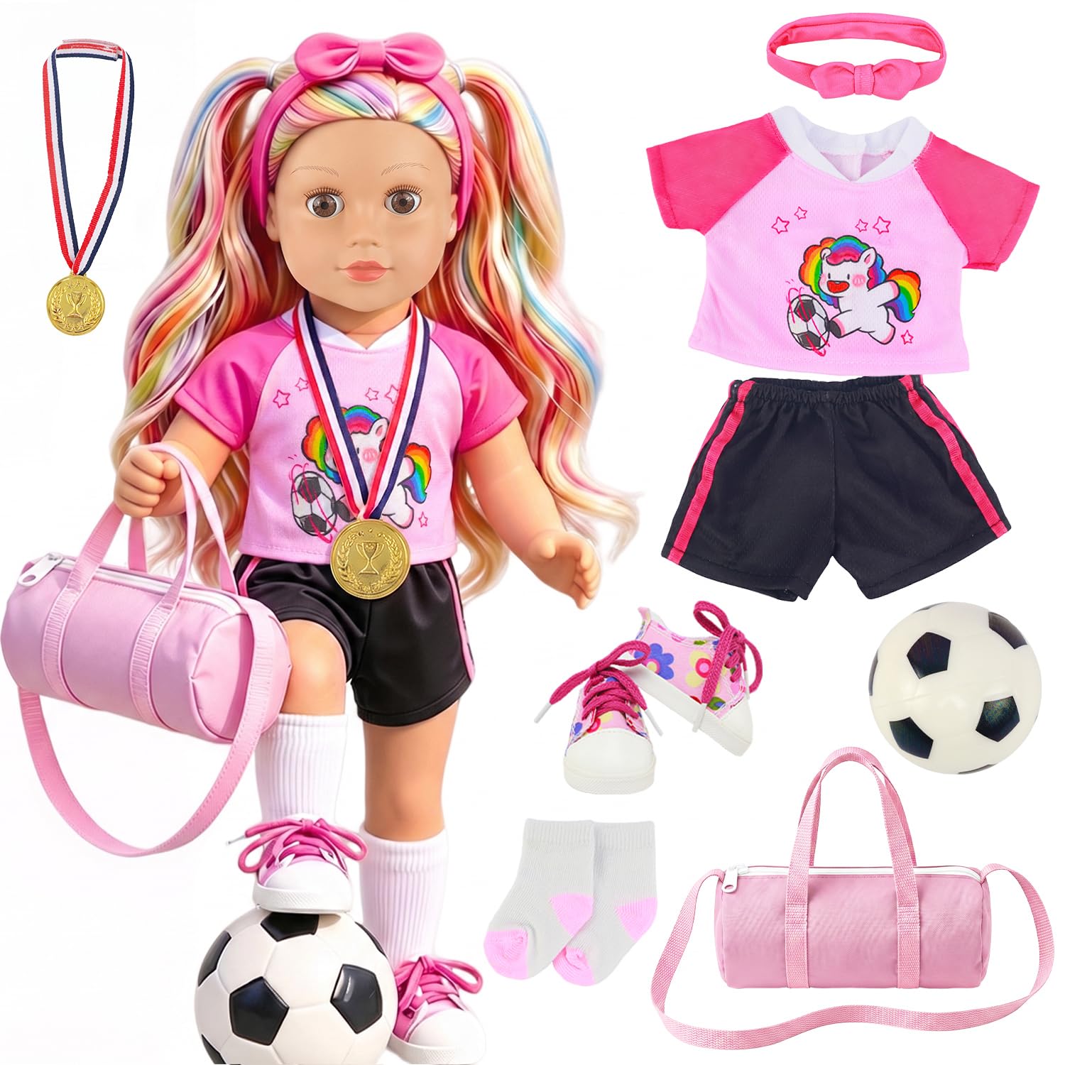 Ecore Fun American 45,7 cm Puppenfußballspieler-Kleidung und Zubehör | 7-teiliges 45,7 cm großes Mädchen-Puppen-Fußball-Trainings-Set enthält Trikot, Schuhe, Stirnband, Mini-Fußball und Rucksack