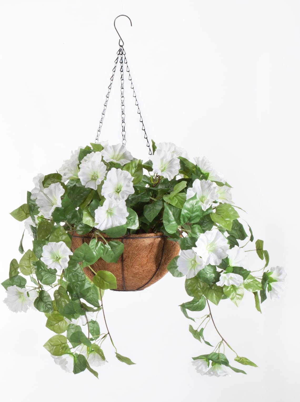 OakRidge Miles Kimball Fully Assembled Artificial Petunia Flower Hanging Basket, 10โ Diameter and 18โ Chain โ Polyester/Plastic Flowers in Metal and Coco Fiber Liner Basket for Indoor/Outdoor Use