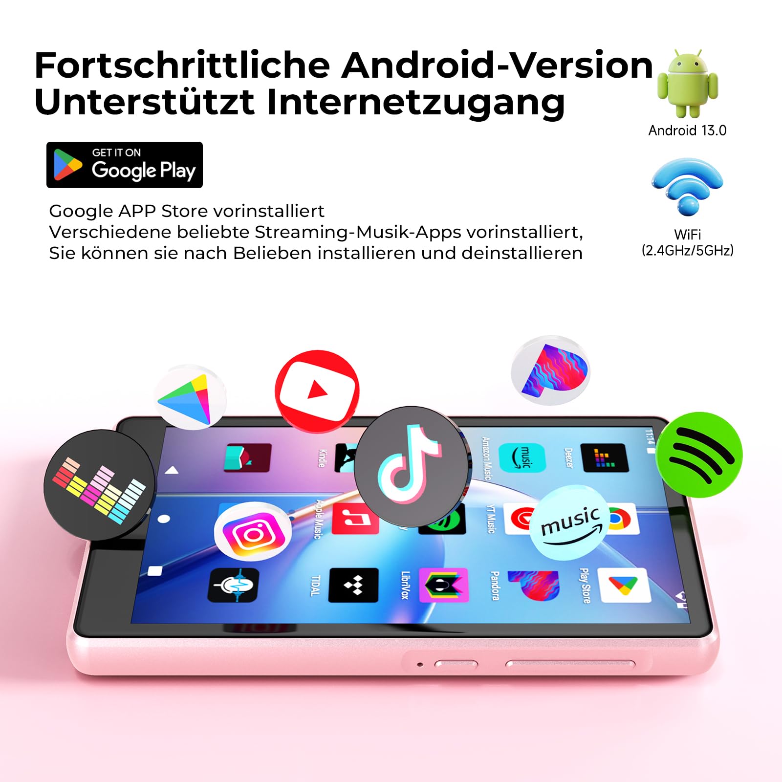 160 GB MP3 Player Spotify mit Bluetooth und WiFi, 4.5 Zoll-Touchscreen | MP4 Player Android,Kinder HiFi Digital Music Player mit Lautsprecher,MP3-Player mit Google Play,App kostenlos installieren