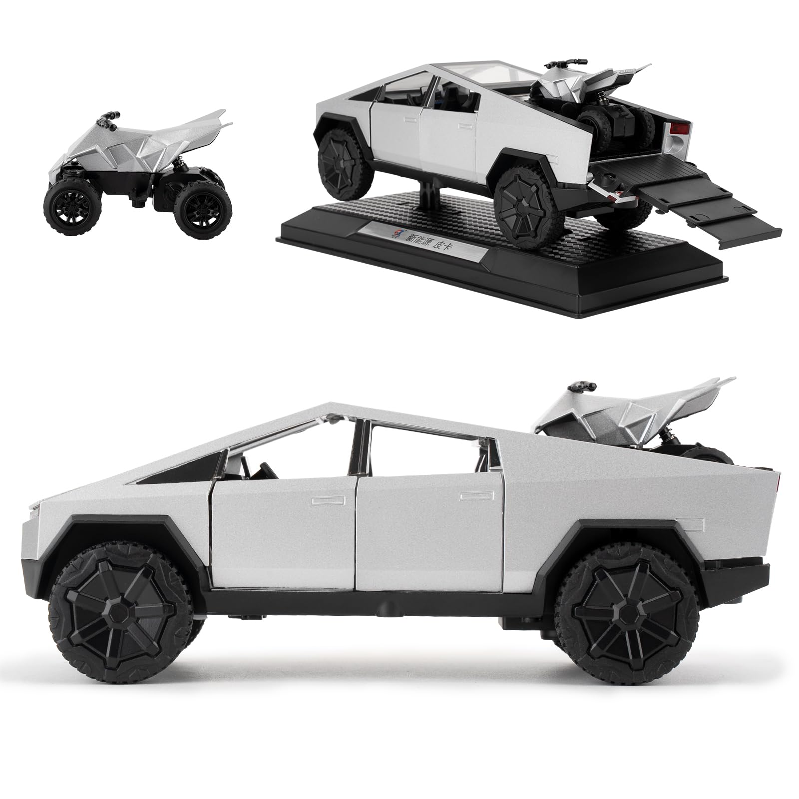 TGRCM-CZ 1/32 Tesla Cybertruck Electric Pick-Up Truck Model Car With a Motorcycle, Zinc Alloy Pull Back Toy car with Sound and Light for Kids Boy Girl Gift(Silvery)
