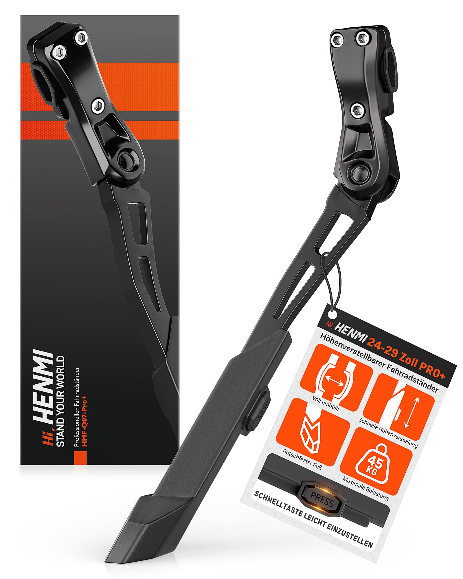 HENMI Fahrradständer 24-29 Zoll Pro+, Schnelle Höhenverstellbarer Fahrrad ständer aus Aluminium, Extra Stabil Seitenständer für Mountainbike e Bike Rennrad City Trekking