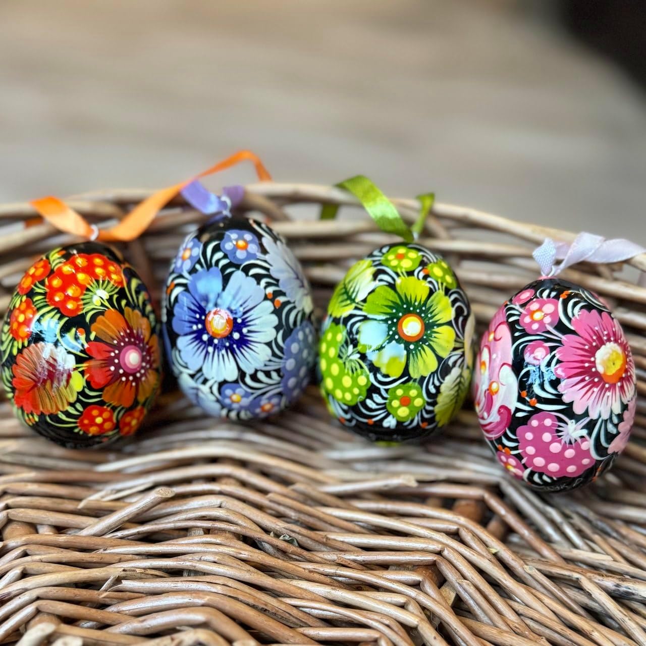 Exclusive Hand-Painted Ukrainian Easter Eggs Wooden with Floral Patterns 6,5 cm / 2,6 inch х 5 pcs Set Pysanka Folk Art Hanging Ornaments