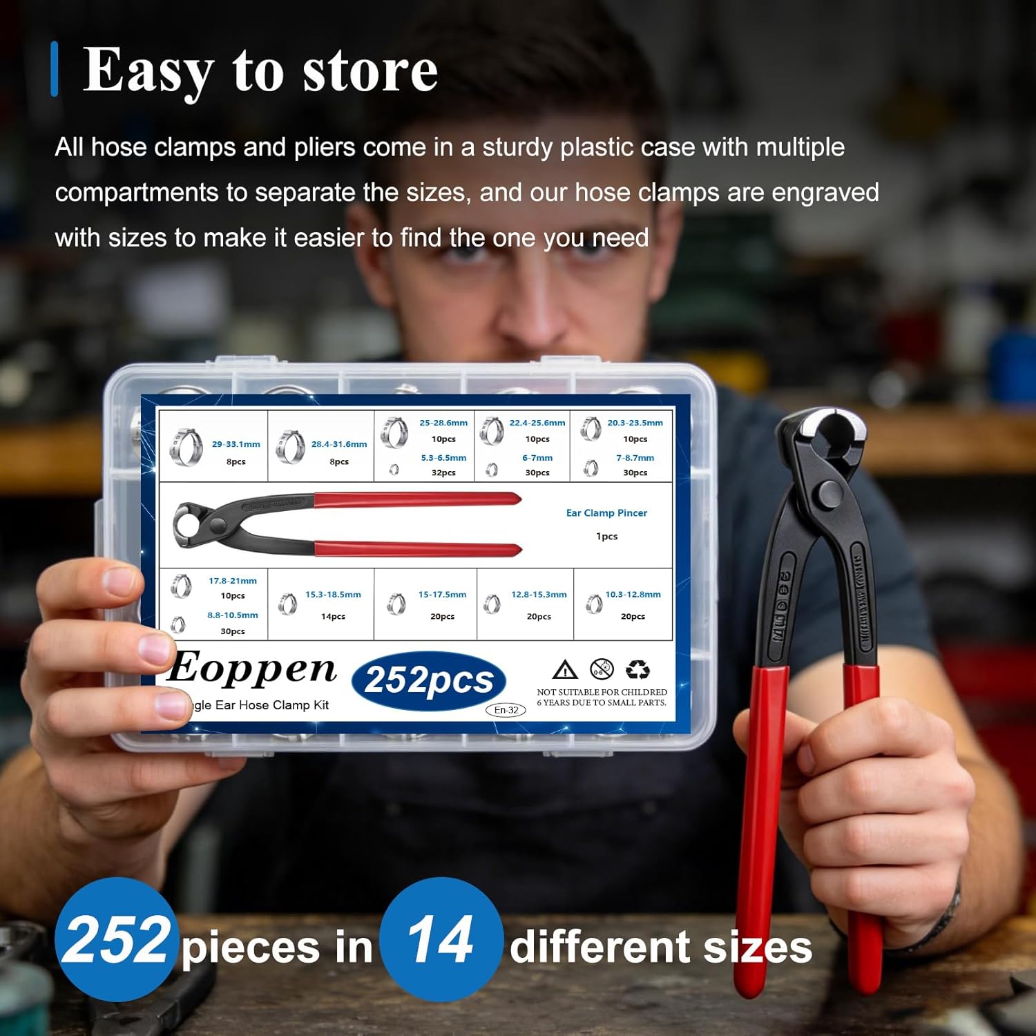 252Pcs 14 Sizes Single Ear Hose Clamp, 5.3-33.1mm 304 Stainless Steel Ear Hose Clamp Kit with Ear Clamp Pincer for Automotive, Plumbing, Fuel Line