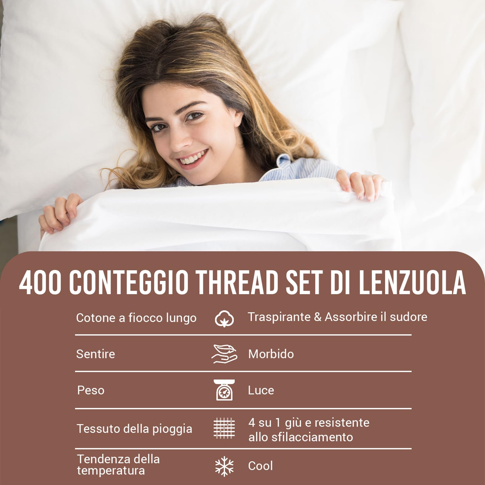 Pizuna Set lenzuola letto super king Cotone 180x200 cm Bianco, 400 fili in 100% cotone a fiocco lungo Sateen Completo lenzuola con 1 lenzuolo con angoli, 1 lenzuolo sopra, 2 federe