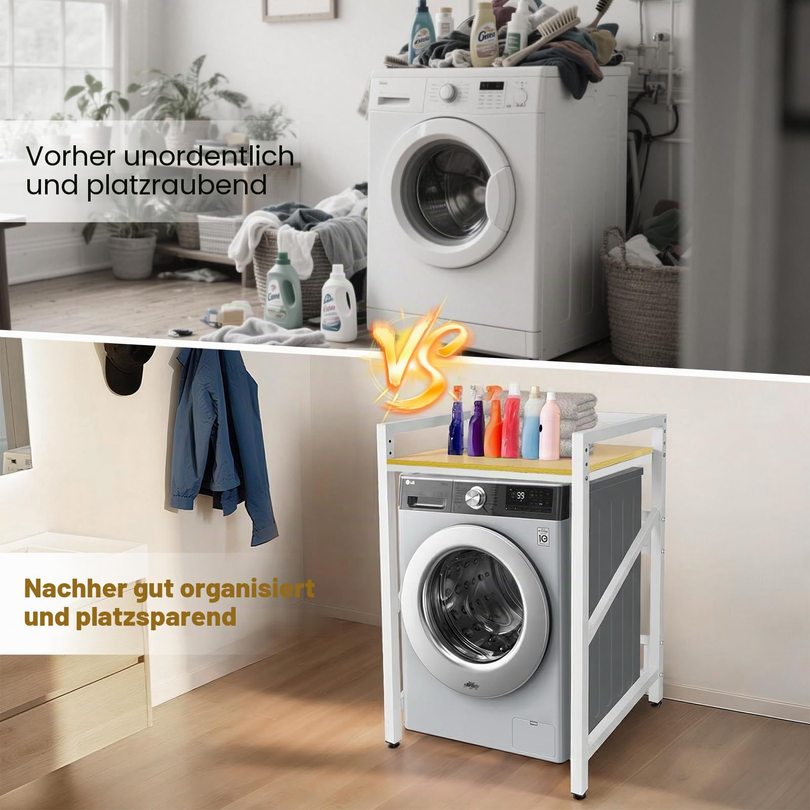 Regal über Waschmaschine(73x64x112CM), Tragkraft 350kg/770lbs Waschmaschinenschrank, Dreistufig Höhenverstellbar (96-101-106CM) Waschmaschinenregal, Verbindungsset für Waschmaschine und Trockner