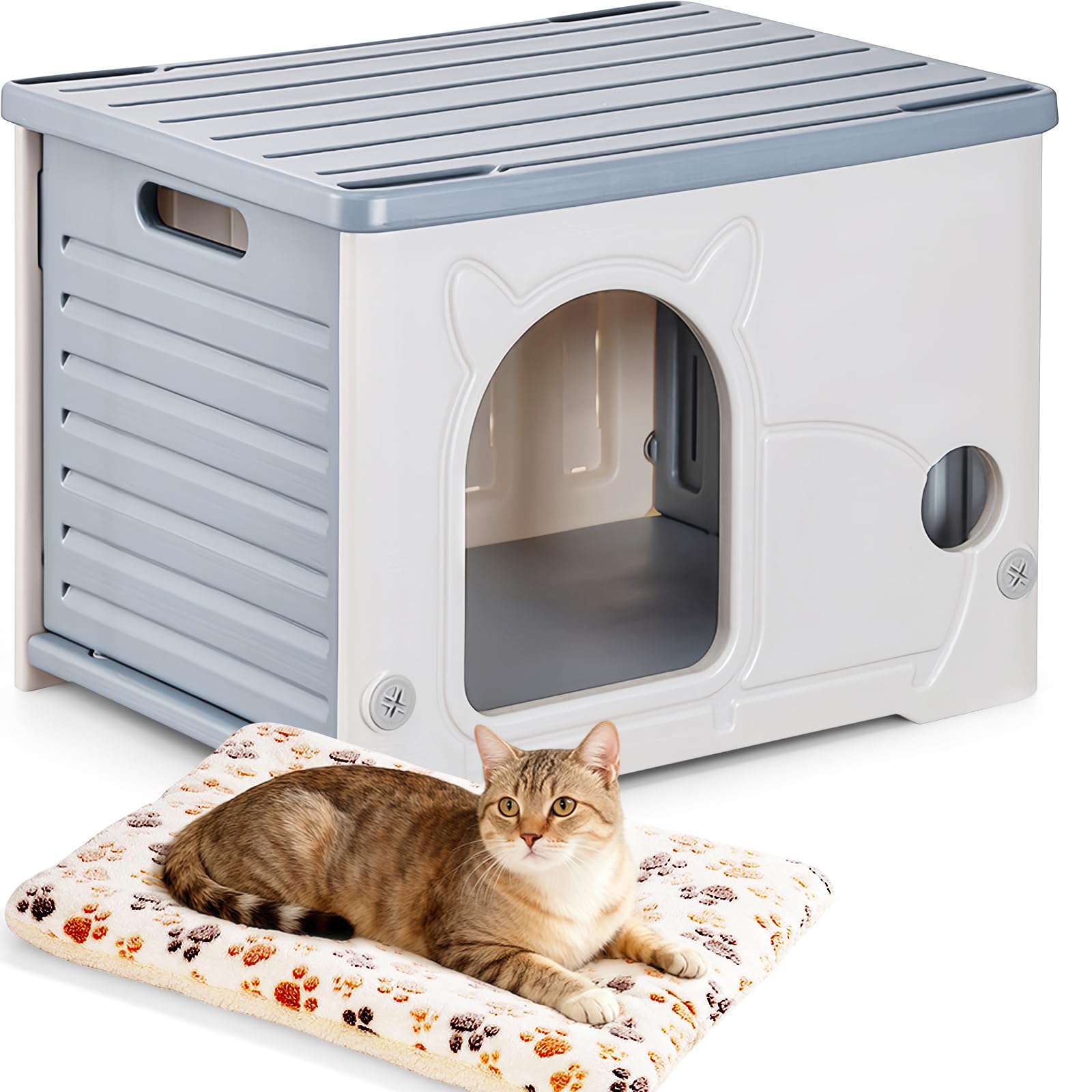 Hibtn Cat House Cave For Outdoor Indoor, Stackable Feral Cat Waterproof Shelter House Insulated Elevated With Cat Nest Mat Grey
