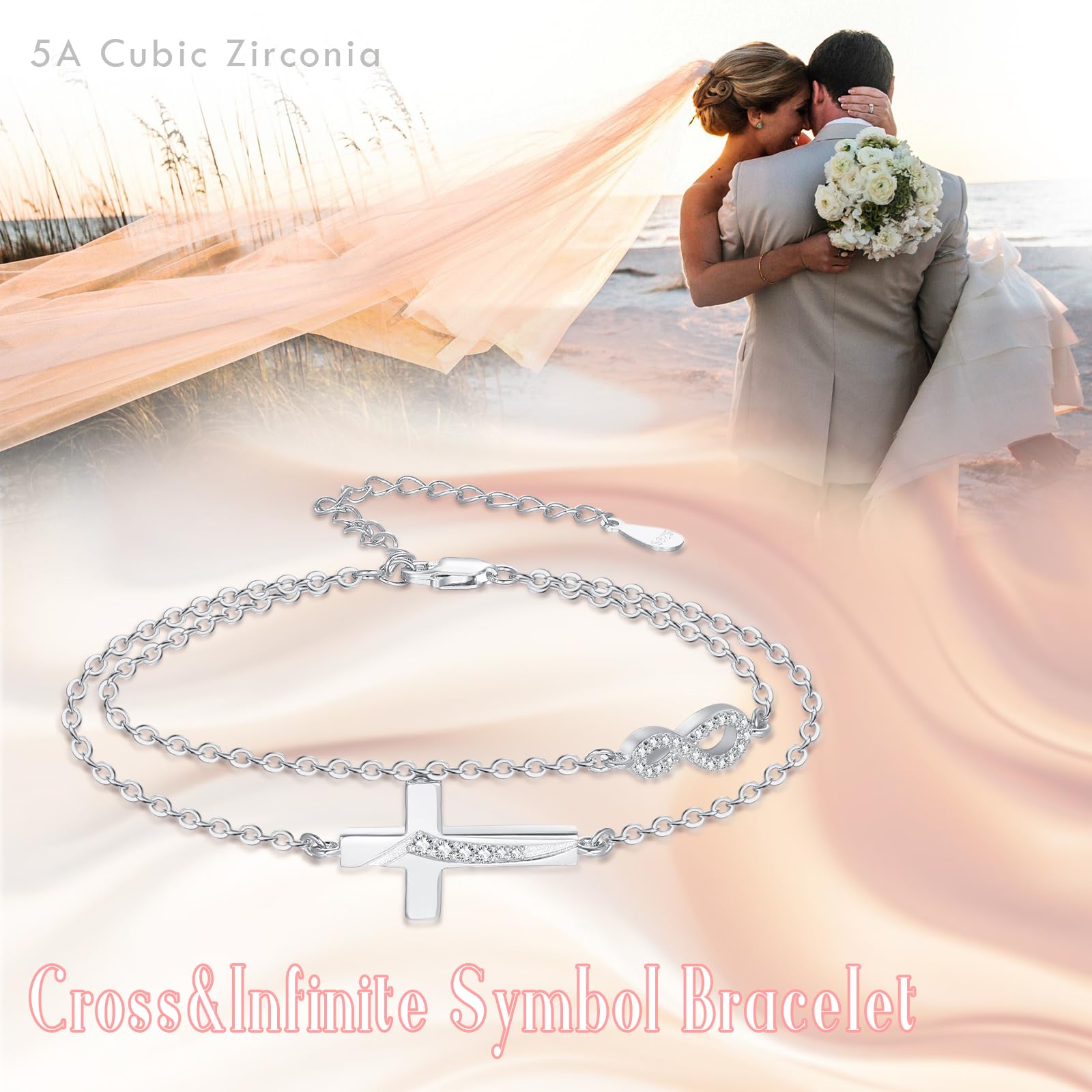 OHAYOO Infinity Bracciale da donna in argento sterling 925, oro rosa, con simbolo dell'infinito con croce e bracciale infinito, regalo per fidanzate, donne, ragazze, mamma