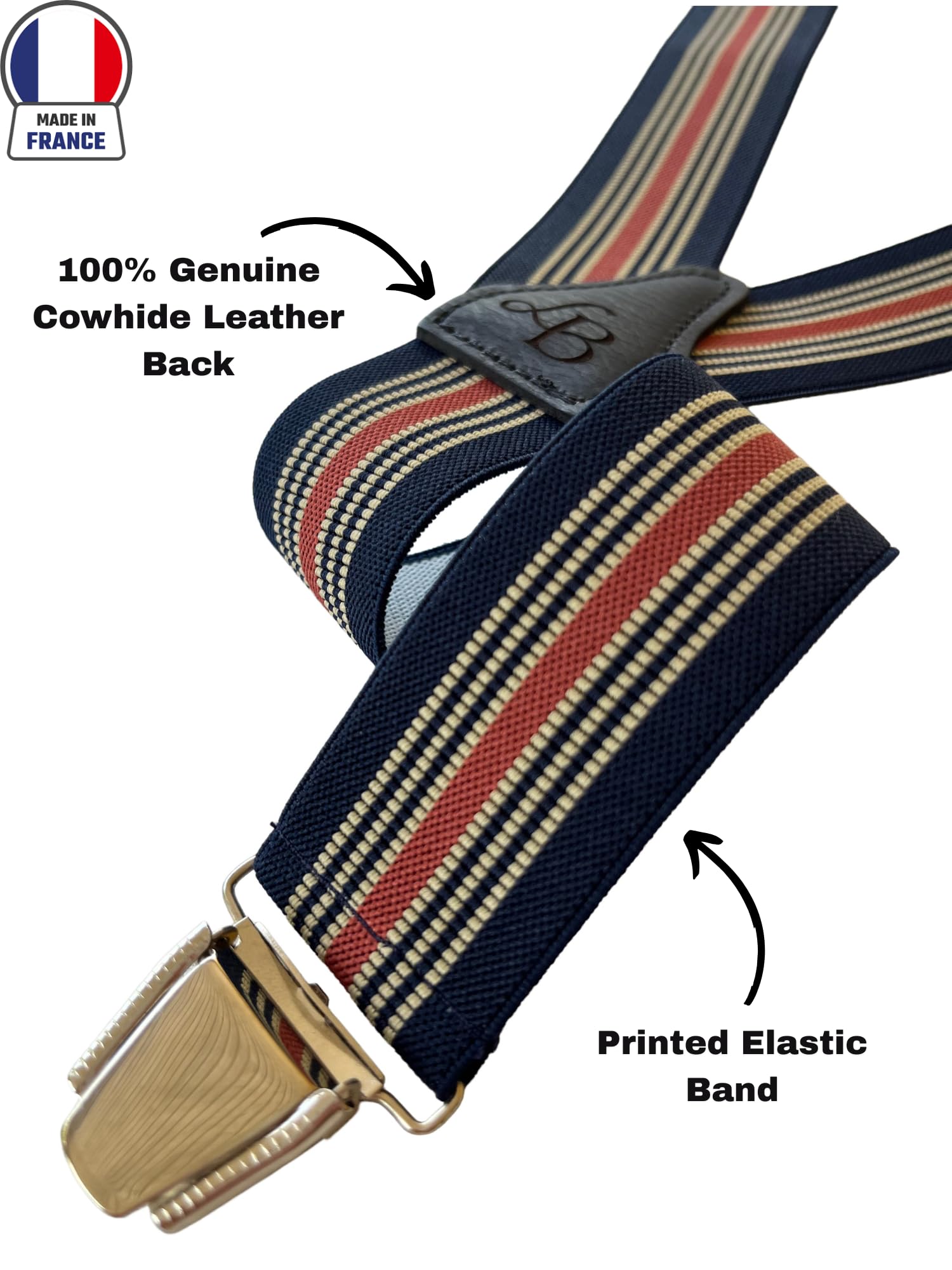 Tirantes anchos para hombre en Y Made in France – Tirantes elegantes y clásicos – Espalda 100% piel – Tejido resistente elástico – 3,5 cm x 120 cm – Pinzas fuertes para sujetar los