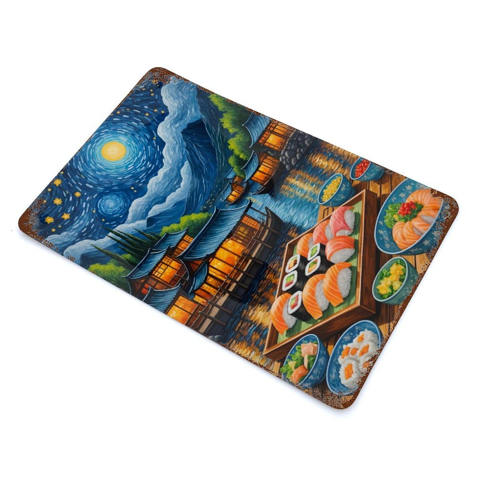 Rust Effect Tin Sign Sushi Starry Night 11.8"x7.9", Vintage Wall Decor for Living Room, Hallway And Home Decor
